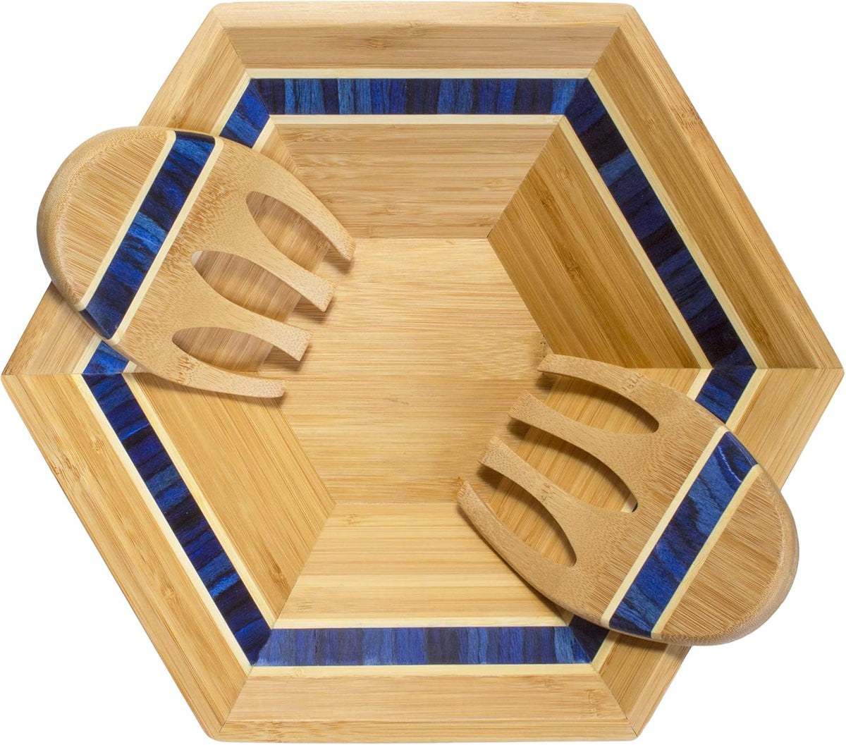 Totally Bamboo Baltique Malta Collection 14" Salad Serving Bowl with Salad Hands, Bamboo and Colored Birch Wood