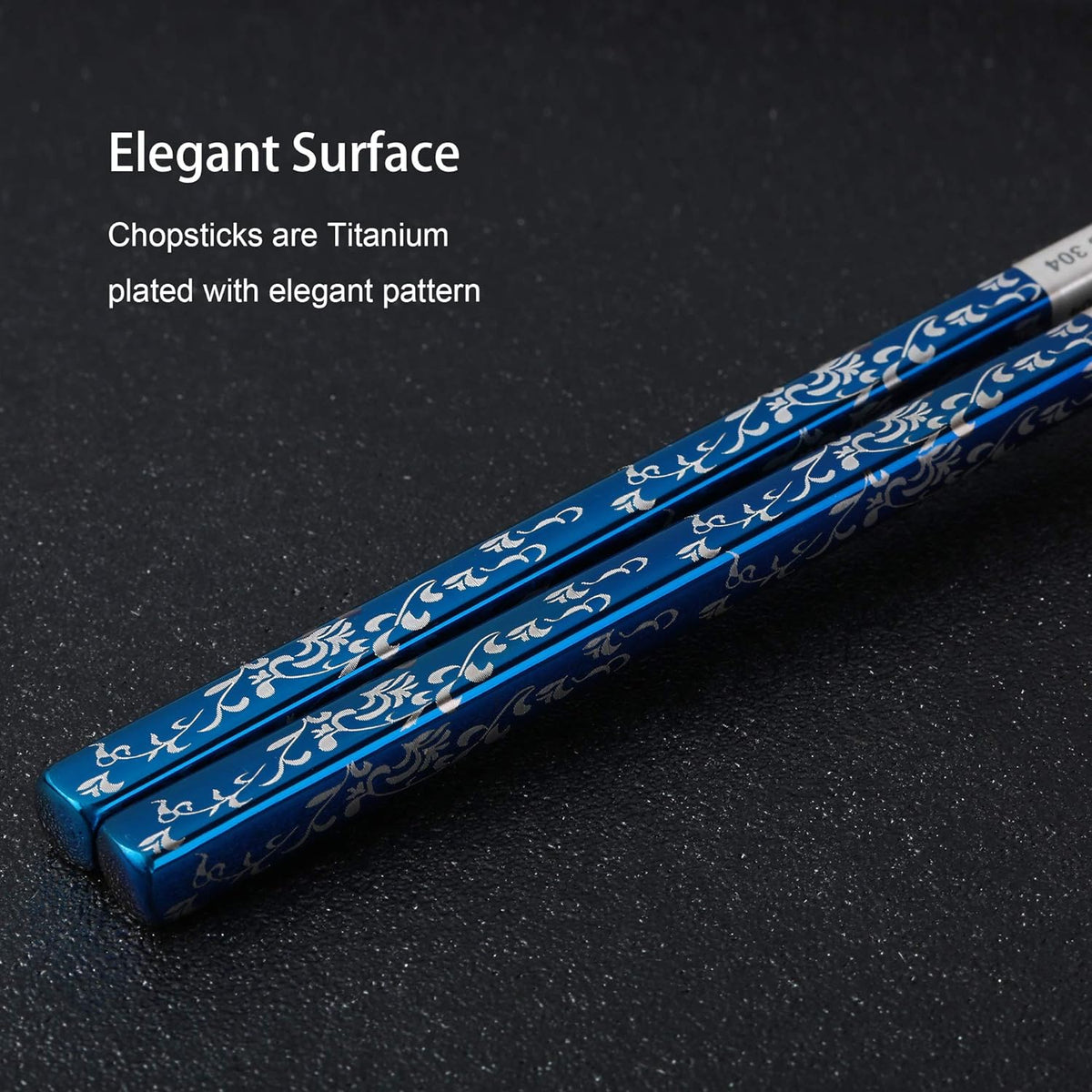 Titanium Plated Chopstick Stainless Steel Chopsticks Metal Chopsticks Reusable Dishwasher safe Premium Laser Engraved Chop Sticks for Eating 2 Pairs Gift Set Blue Silver