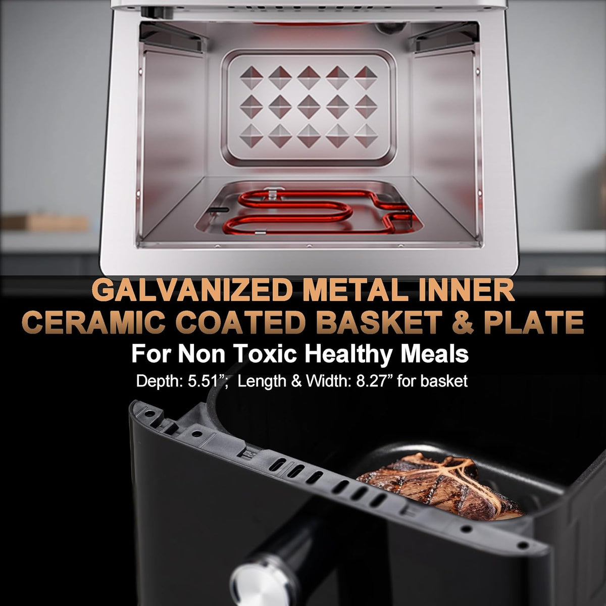Stainless Steel Air Fryer Ceramic Coat Basket Non Toxic Metal Cavity 6 QT Compact for 2-3 PAX, DAYBEST Dual Heats Airfryer 450°F 12 in 1, Dishwasher Safed Pot, Plate, Rack & Liner (Stainless Steel)