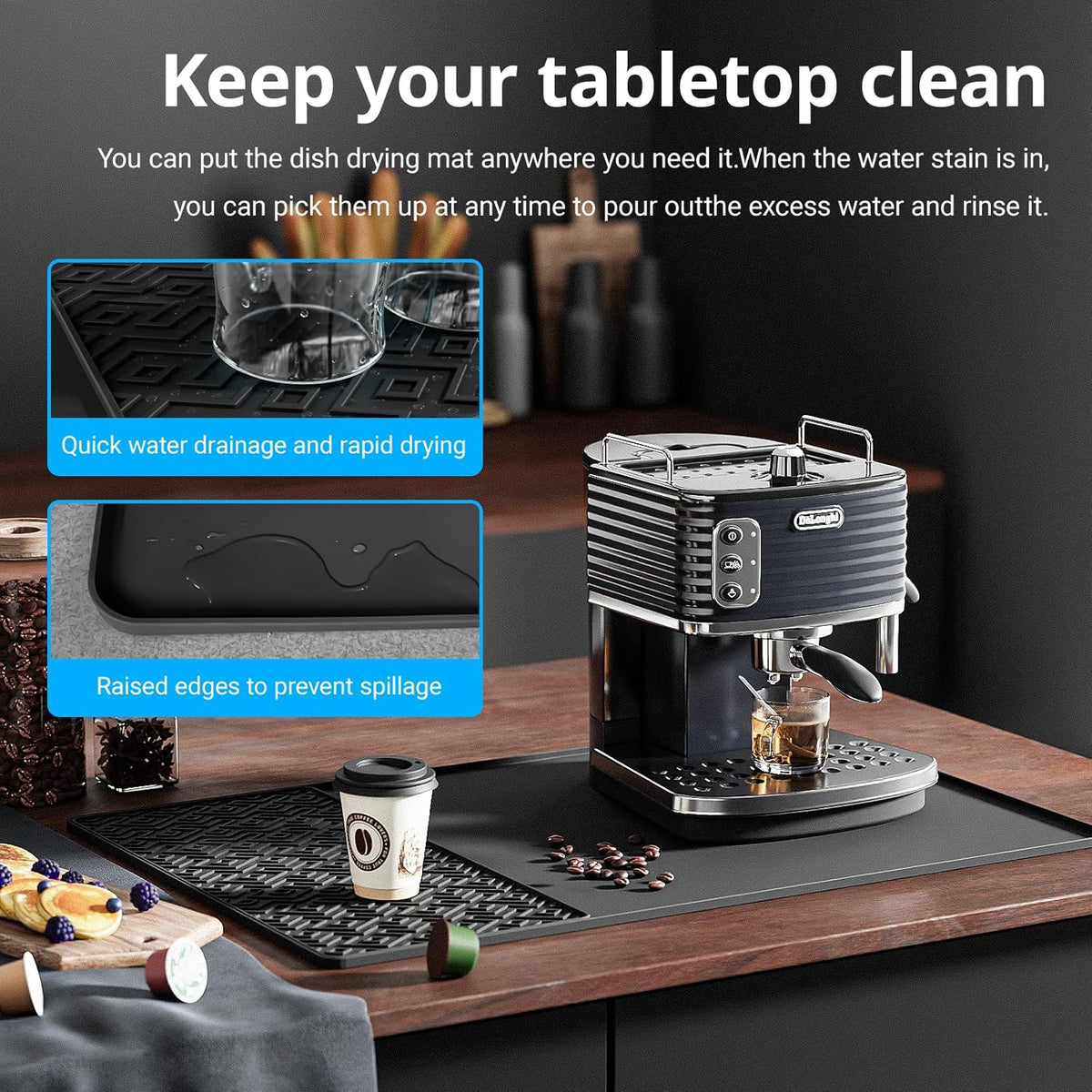 Silicone Coffee mat 24''x16'' – Non-Slip Bar Mat with Detachable Drying Layer for Espresso Machines, Countertops & Dish Racks