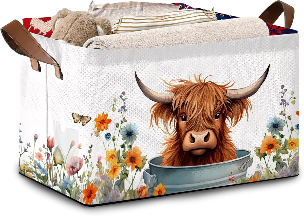 Farm Animal Storage Basket Large 17x11.5x10.5 Inche-Collapsible Fabric Organizer Bin with Handles for Nursery, Kids Room, Barnyard Theme-Decorative Hamper with Playful Cow Print Design-Single Pack