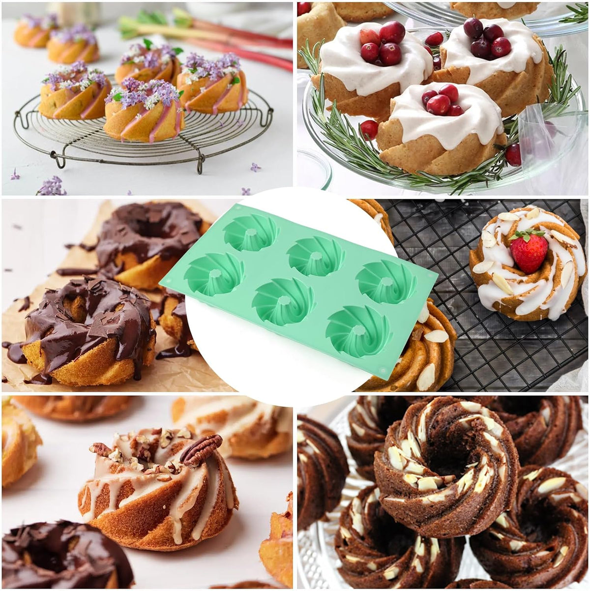 HUAKENER 2 Pcs Mini Fluted Cake Pan, 6-Cavity Fluted Cake Mold, Non-stick Silicone Baking Mold for Cupcakes, Donuts, Cornbread, Brownies, Jellies