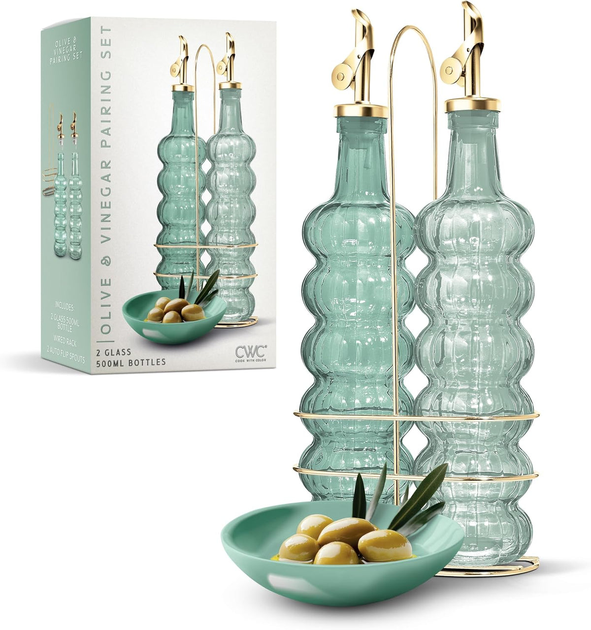 COOK WITH COLOR Glass Olive Oil Bottle Dispenser - 2 Pack- 17oz Oil and Vinegar Cruet - Olive Oil Carafe Decanter for Kitchen