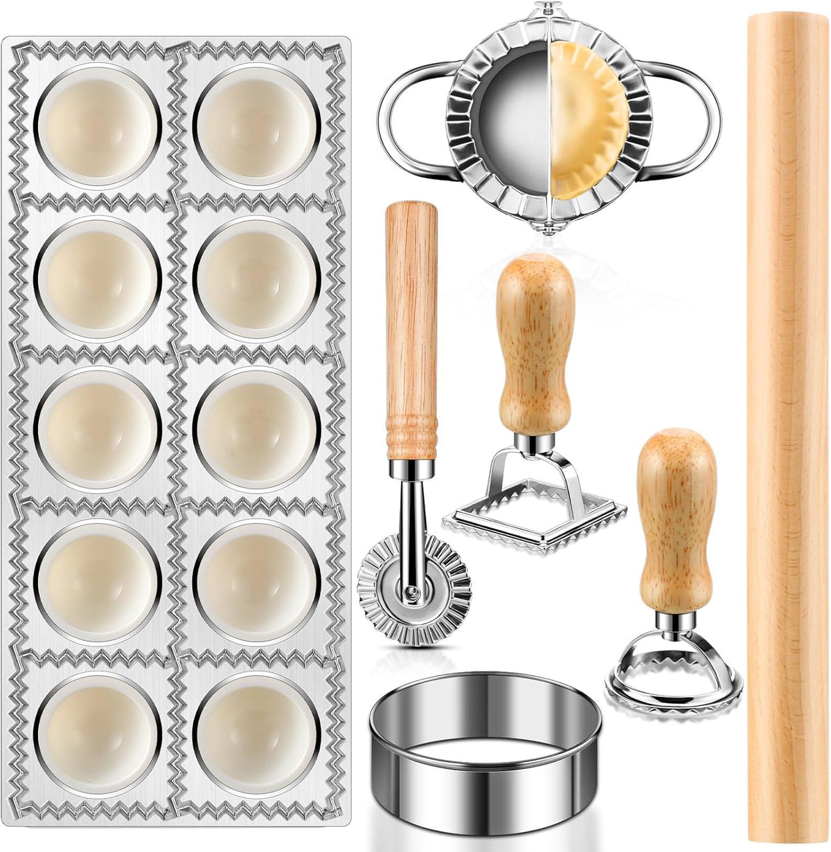 8 Pieces Ravioli Mold Set, ravioli cutter, Ravioli Maker Cutter with Roller Wheel, Ravioli Cutter Set with Wooden Handle, Pasta Making Kit for Ravioli Press Mold. Suitable for home and restaurant us