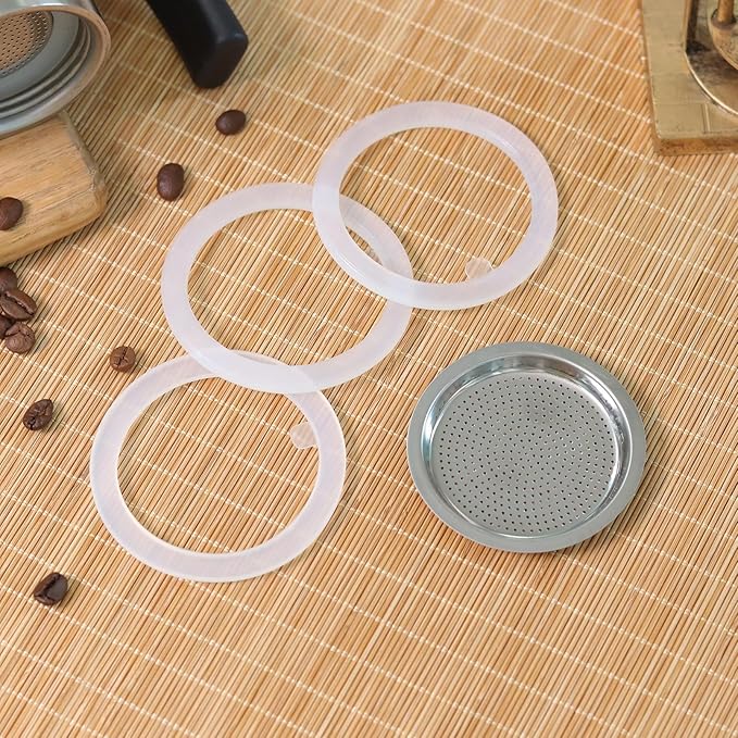 Sivaphe 2 Espresso Cup Stainless Steel Moka Pot Replacement Infuser Parts for Stainless Steel Italian Stovetop Espresso Coffee Maker, 1 Filter and 3 Silicone Gasket Seals