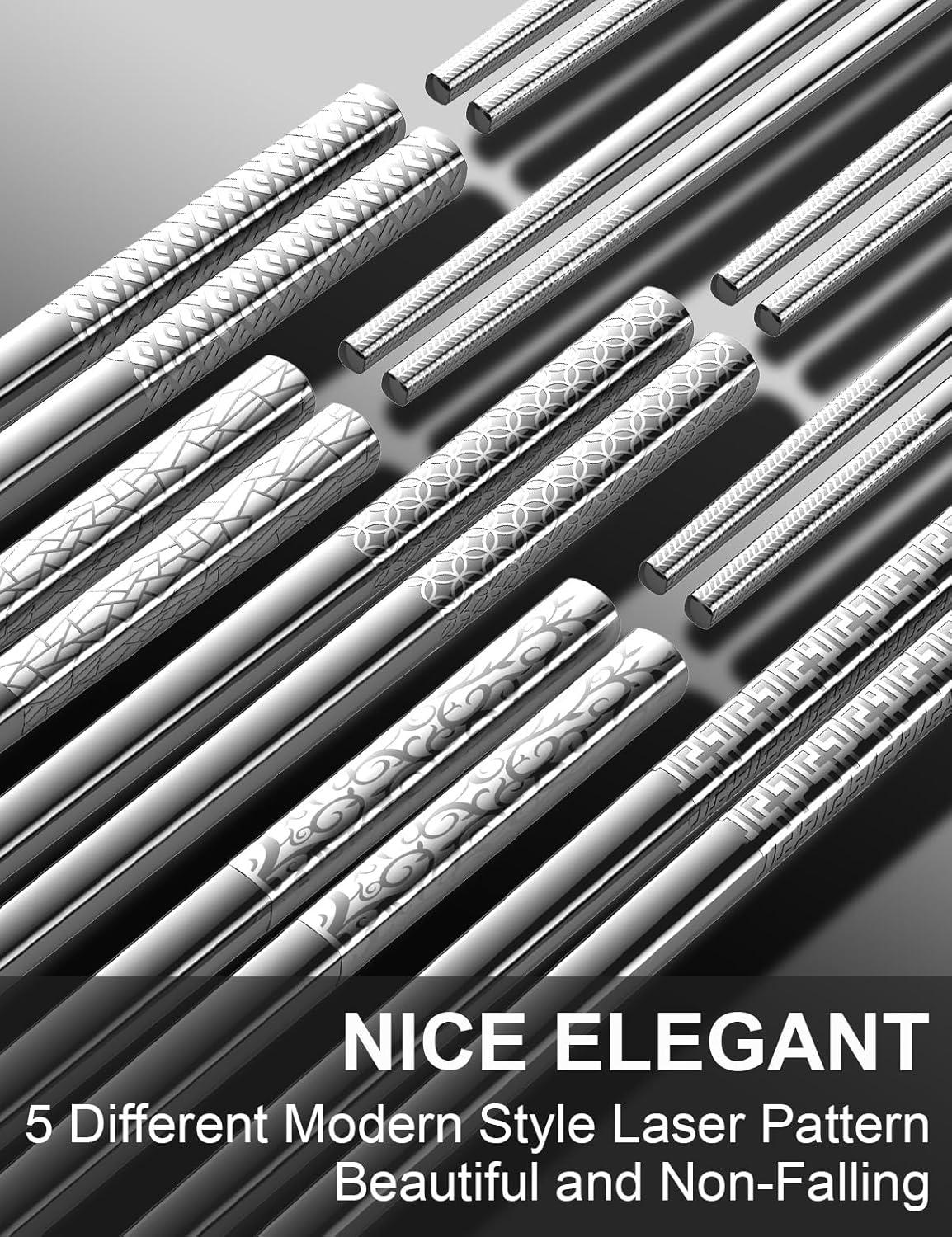 Metal Chopsticks Reusable 18/8 stainless steel Chopsticks 5 Pairs Modern Style Dishwasher Safe Lightweight Non-Slip Chop Sticks 9 1/4 Inches Present Set