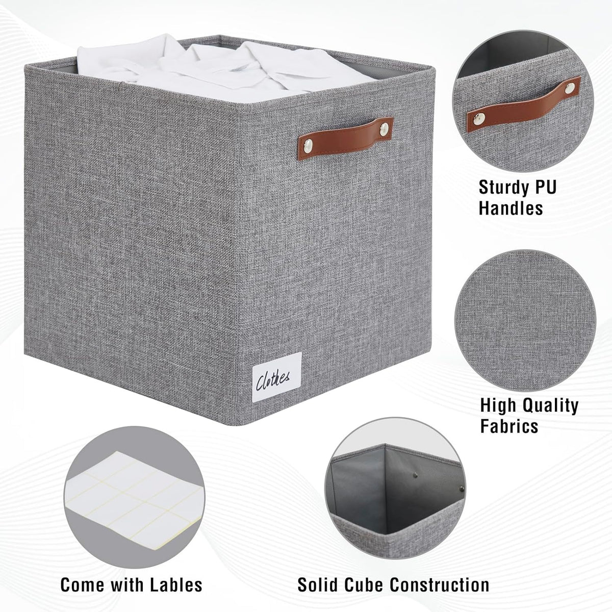 Collapsible Fabric Storage Cube Bins with 2 Reinforced PU Handles, Foldable Storage Organizer Baskets for Closet, Shelves, Living Room | 13"x13"x13", 4 Pack, Full Gray