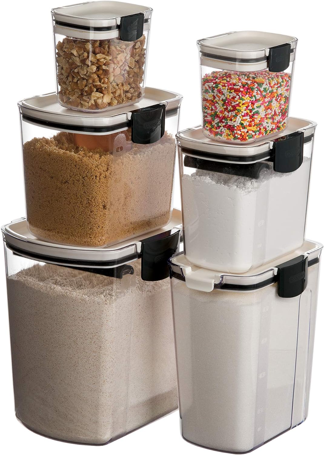 Progressive ProKeeper Baker's Airtight Kitchen Storage Canister Container Set for Flour, Sugar & More, Keeps Ingredients Fresh, with Accessories (Black Latches, 6- Piece)