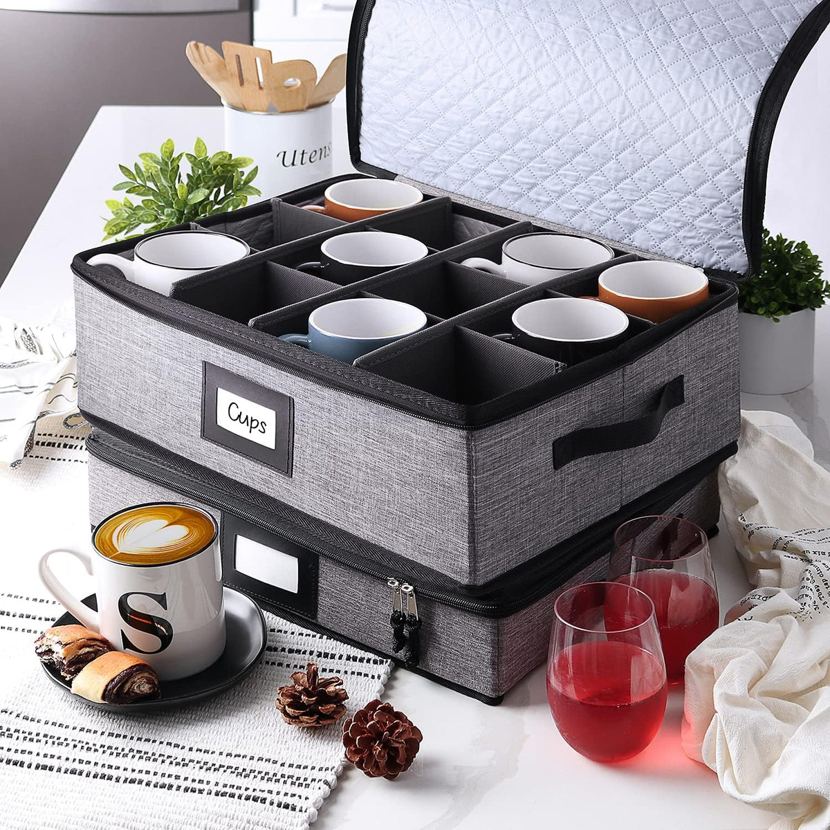 Coffee Mug Storage, Quilted and Stackable Coffee Cup Storage Organizer for Service of 12, Mug Storage Box with Dividers, Mug China Storage Containers Hard Shell for Moving and Seasonal Storage
