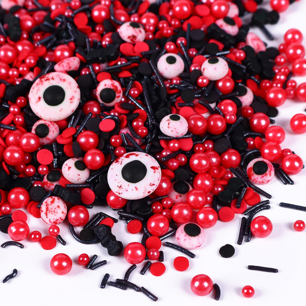 Halloween Sprinkles for Cake Decorating, Black & Red Pearl Sprinkles with Black Bats & Eyeball Candy, Perfect for Halloween Dessert Party 4.23 Ounce