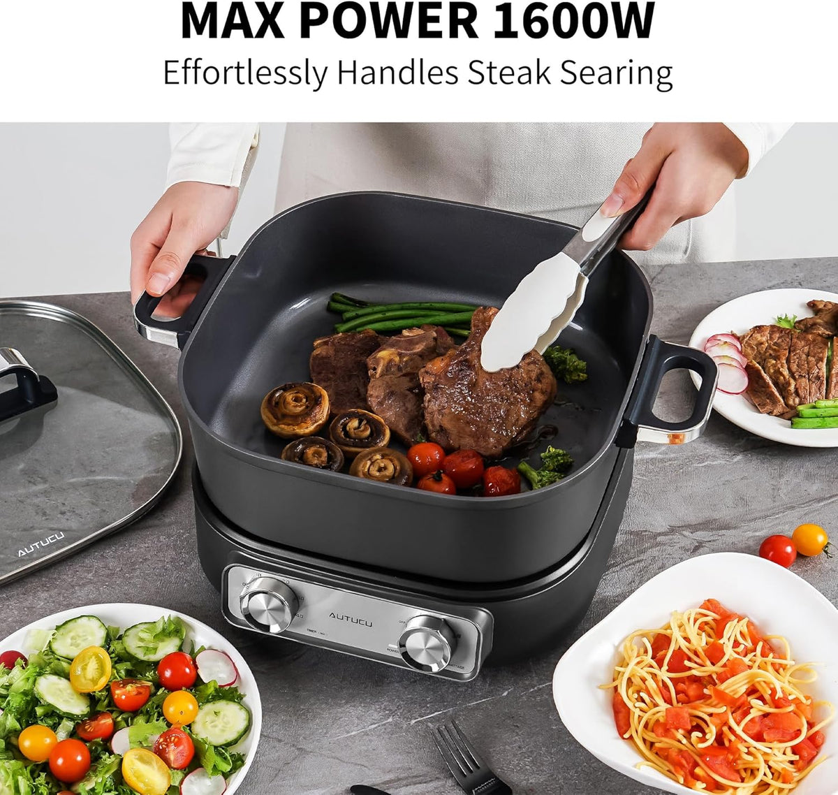 6-Quart Electric Skillet Hot Pot | Non-Stick PFOA-Free Ceramic-Coated Pot, 1600W, Timer & 3 Power Settings for Family Meals