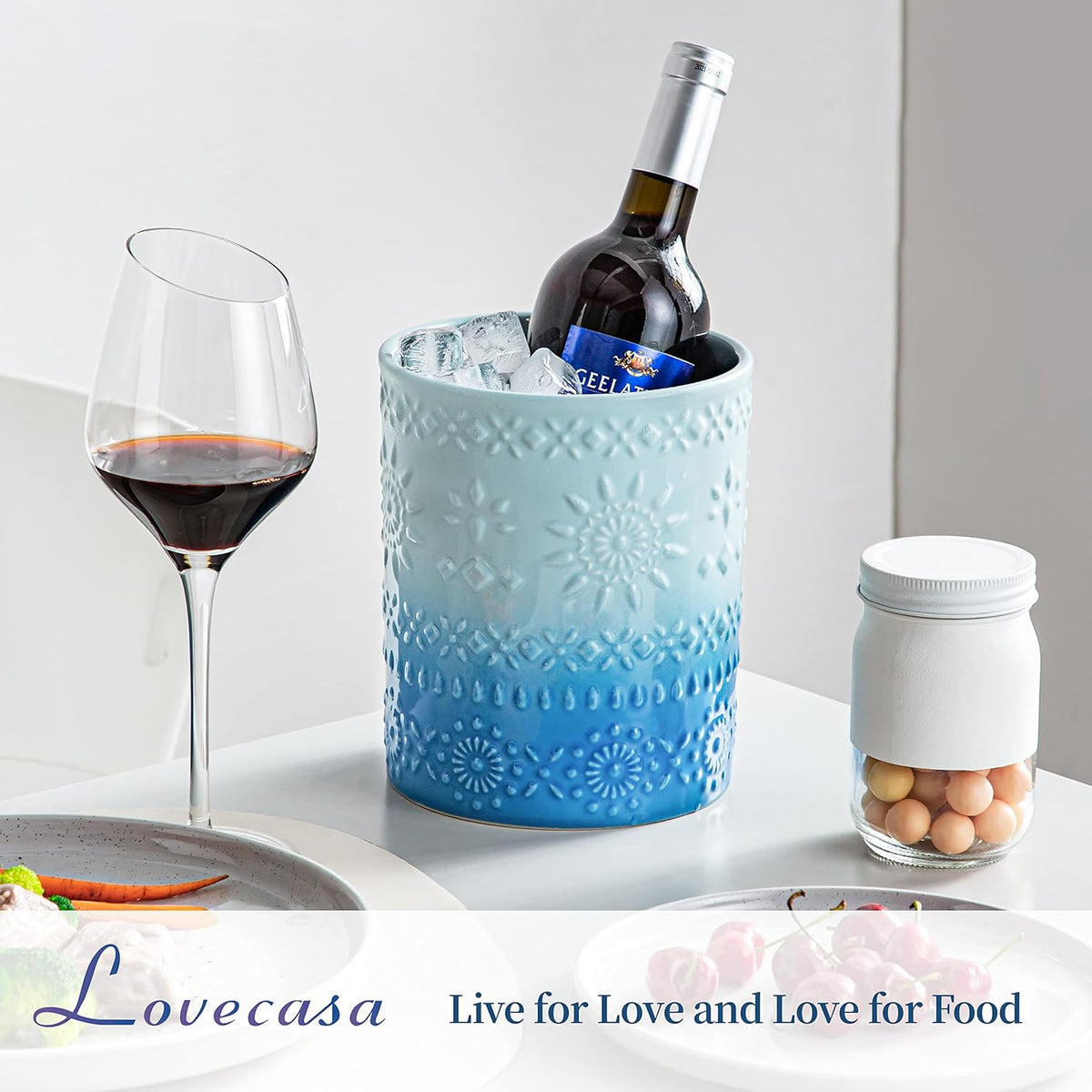 LOVECASA Extra Large Kitchen Utensil Holder, 7.2" Ceramic Farmhouse Utensil Holder For Kitchen Décor Countertop With Heavy And Sturdy Base, Utensil Crock Organizer, Blue