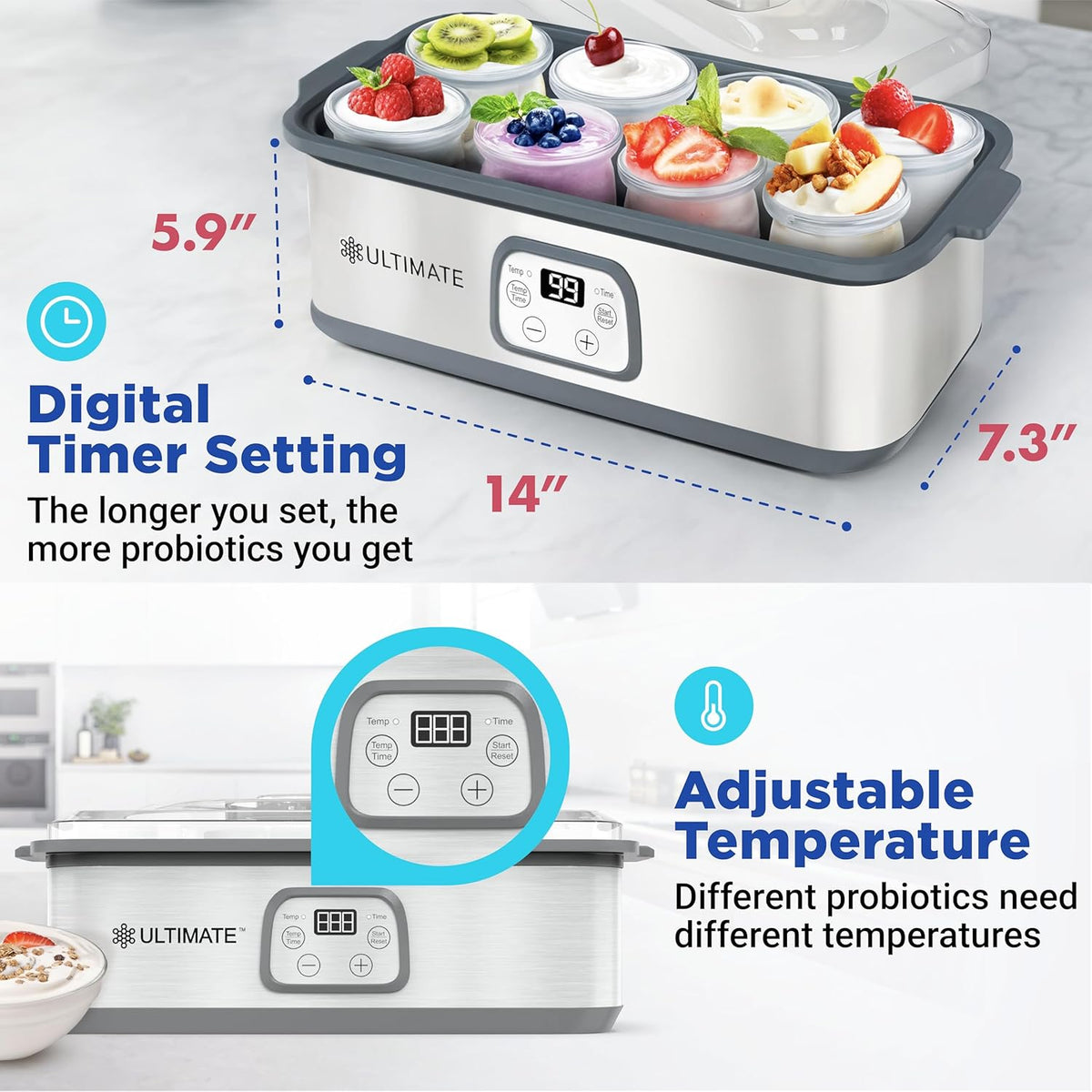 Ultimate Probiotic Yogurt Maker with Adjustable Temperature & Time Control - Make Trillions of Live Probiotics & Get Better Gut Health - ULTIMATE LIFETIME WARRANTY - Wellness Gifts for Men & Women