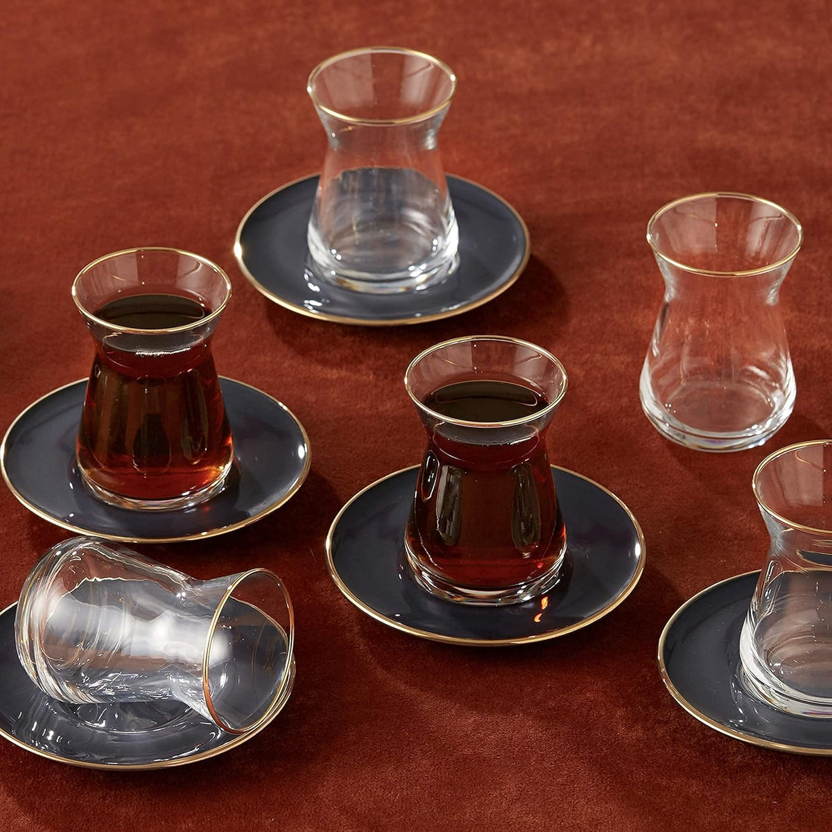 KARACA Retro Anthracite Tea Set for 6, 6 Turkish Tea Glasses, 12 Pcs, Gold Decal Details
