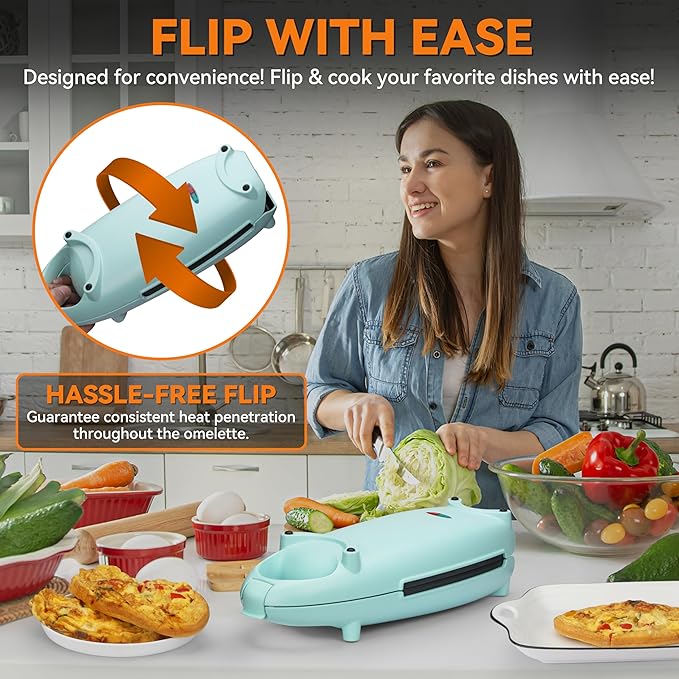 Baker’s Friend Omelette Maker Electric, Omelette Pan Nonstick, Frittata Pan & Egg Pan, Double Sided Pan for Breakfast, Individual Flip Omelette Makers Electric, Aqua