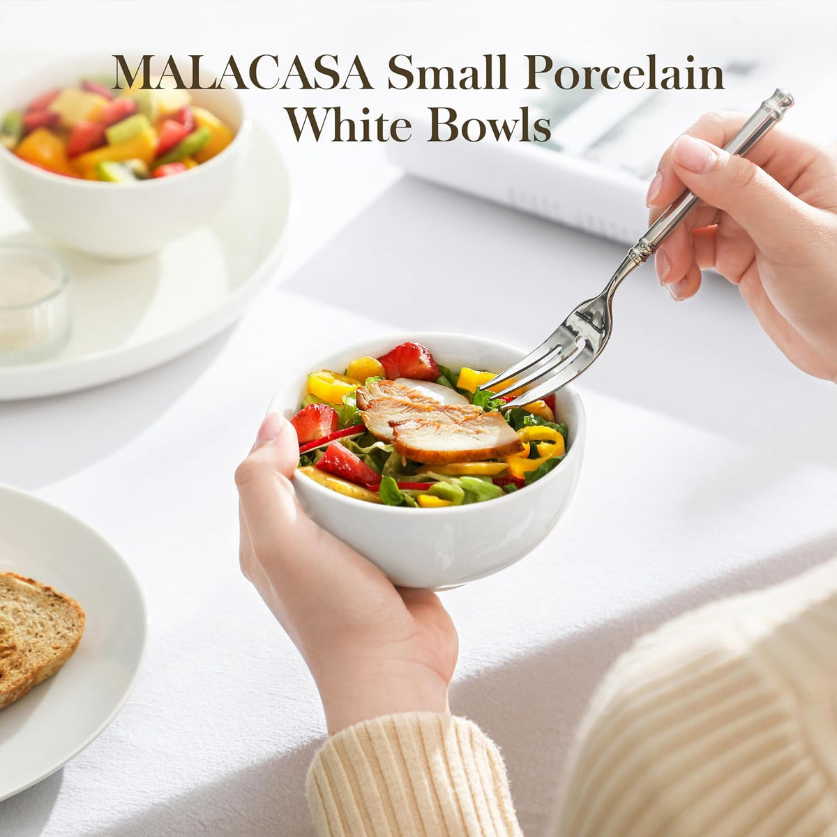 MALACASA Small White Bowls Set of 8, 10 Oz Ice Cream Bowls - Little Ceramic Bowls for Bouillon,Side Dishes, Dessert, Oatmeal, Fruit, Portion Control - Dishwasher & Microwave Safe.