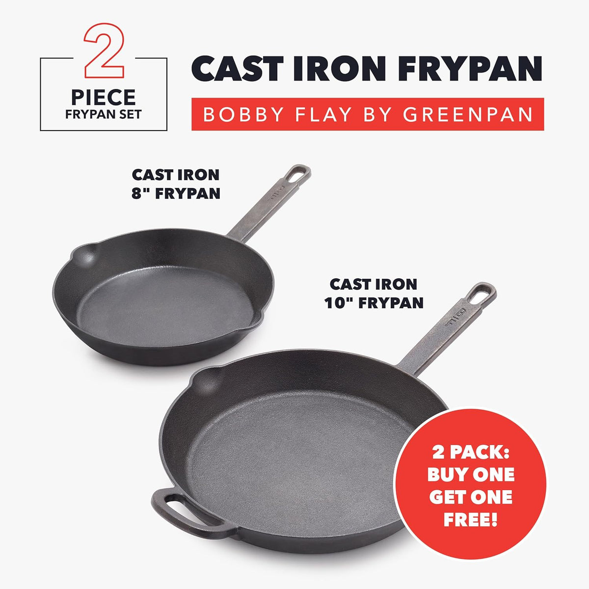 GreenPan x Bobby Flay 2 Piece Set (Includes 8”, 10”) Cast Iron Skillet, Pre-Seasoned PFAS-Free Frying Pan, Pour Spouts, Induction Compatible, Oven, Grill, Indoor/Outdoor, Durable, Black