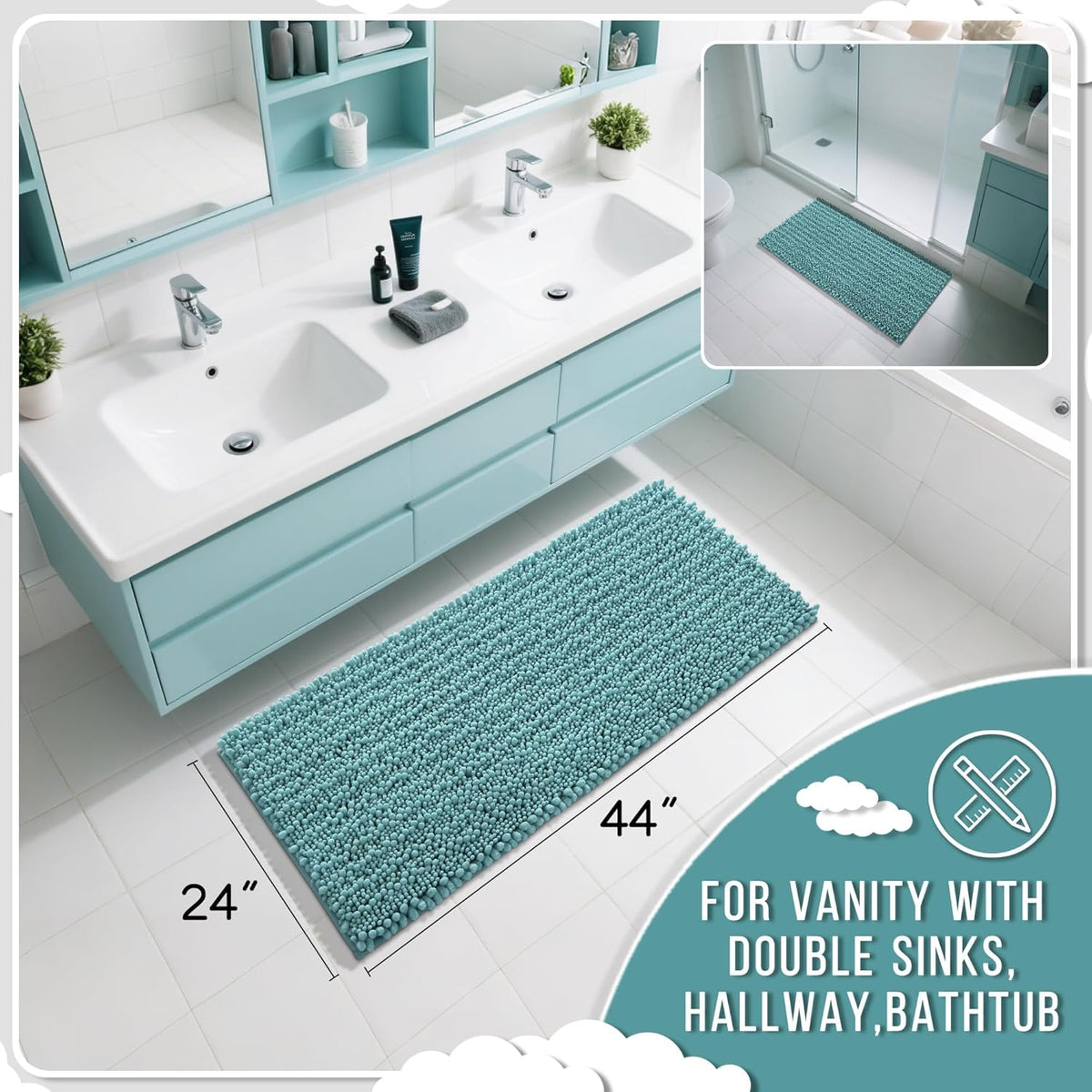 Yimobra Long Bathroom Rugs Non Slip Washable 44x24 Inch - Ultra Soft Absorbent Chenille Bath Mat, Quick Dry Shaggy Floor Carpet for Tub Shower, Teal Blue Home Decor Accessories