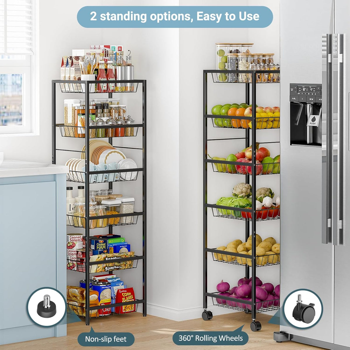 Fruit Vegetable Basket for Kitchen, 6 Tier Fruit and Vegetable Storage Cart, Metal Wire Storage Baskets with Wheels, Small Rolling Cart Organizer Rack for Pantry, Living Room, Bathroom