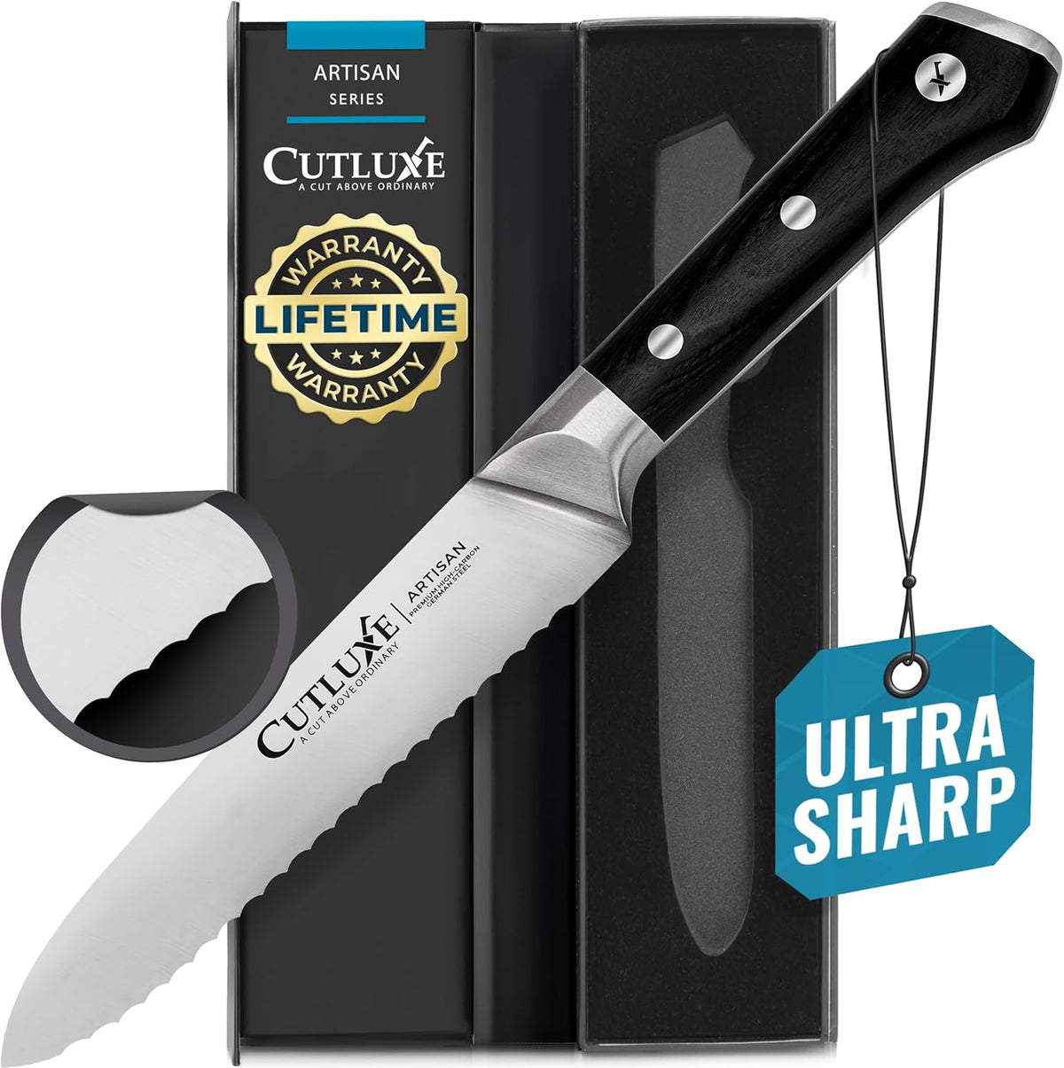 Cutluxe Kitchen Utility Knife – 5" Serrated Ultra Sharp Blade, Ergonomic Handle, Full Tang – Forged High Carbon German Steel – Artisan Series