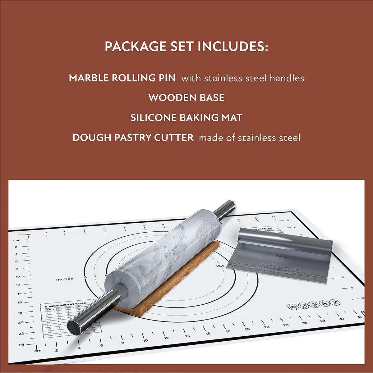 White Marble Rolling Pin with Stainless Steel Handles Baking Set - Silicone Baking Mat, Bench Scraper, Wooden Base