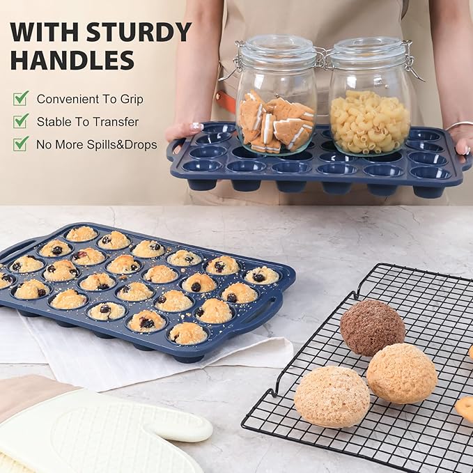 Mini Silicone Muffin Pan with Metal Frame, Non Stick Silicone Cupcake Pan with Handles 24 Cup, BPA Free Silicon Muffin Tin Tray Small for baking, egg bites, Cupcake Mold Grey