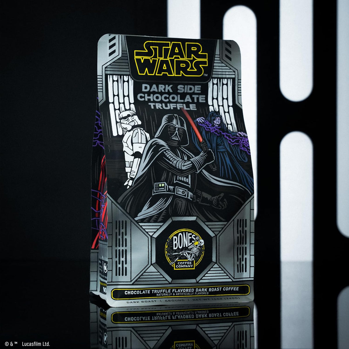 Bones Coffee Company Star Wars Dark Side, Chocolate Truffle Flavored Coffee, Medium Roast Low Acid Arabica Beans Compatible with Auto drip and French Press Coffee Maker, 12 Oz Ground