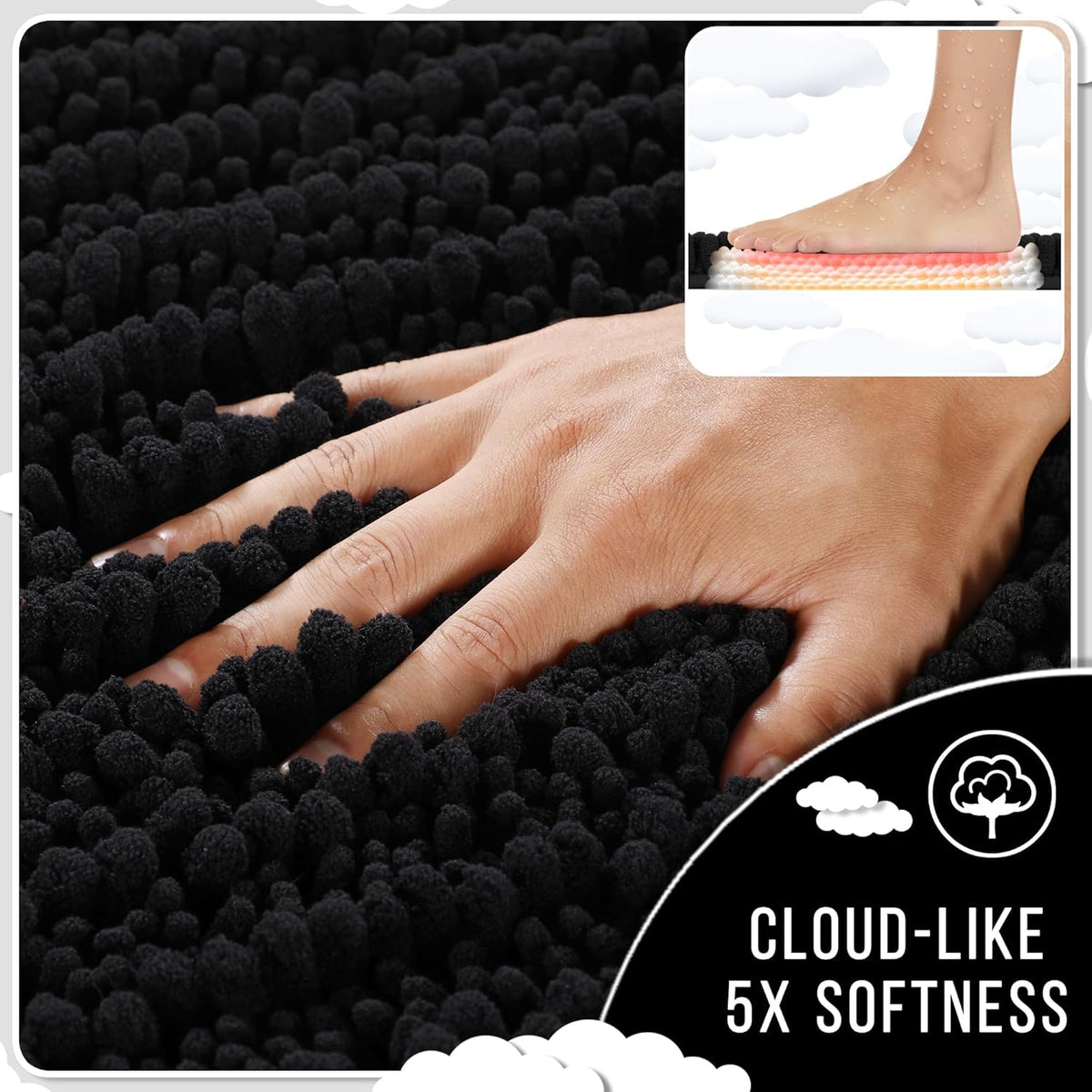 Yimobra Bathroom Rugs Non Slip Washable 24x17 Inch - Ultra Soft Absorbent Chenille Bath Mat, Quick Dry Shaggy Floor Carpet for Tub Shower, Black Home Decor Accessories