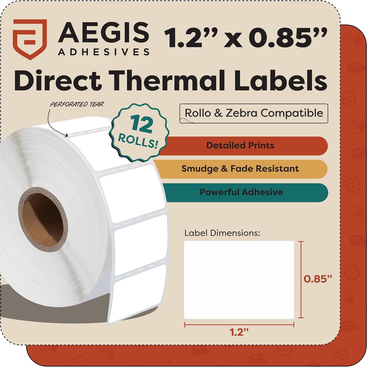 Aegis Adhesives - 1.2” X 0.85” Direct Thermal Multipurpose Labels for Return Address, QR Barcodes, Perforated & Compatible with Zebra Desktop Printers - NOT Rollo Compatible (12 Rolls, 1500/Roll)