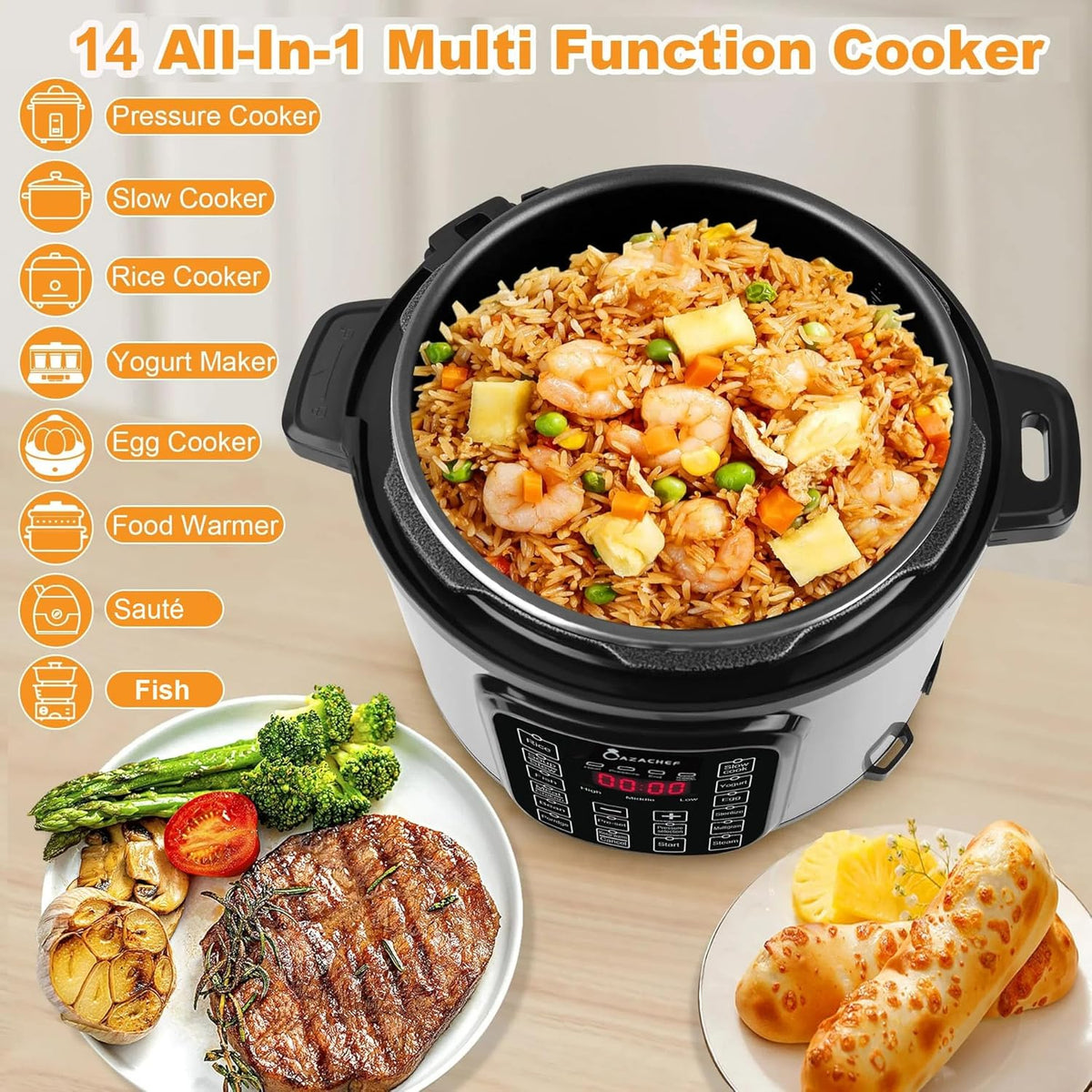 8qt stainless steel Pressure Cooker | 24-hour Presetting electric rice cooker, 14 in 1 slow cooker with temperature control | LED Multifunction Steamer, Food Warmer with nonstick pot