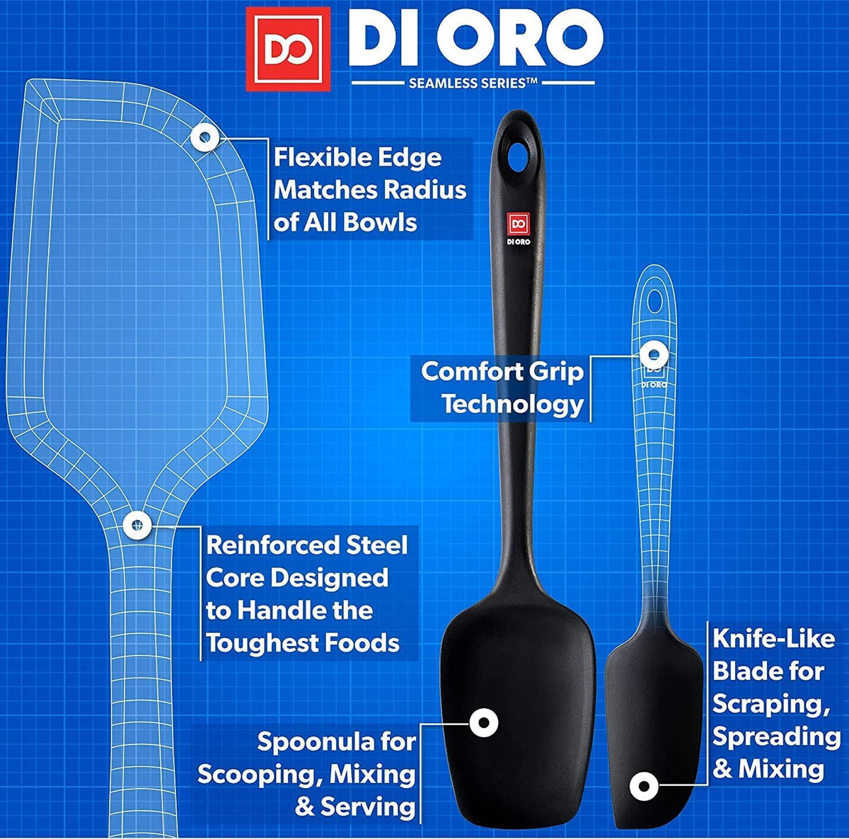 DI ORO Silicone Spatula Set - Rubber Kitchen Spatulas for Baking, Cooking, & Mixing - 600°F Heat-Resistant & BPA Free Silicone Scraper Spatulas for Nonstick Cookware - Dishwasher Safe (5pc, Black)