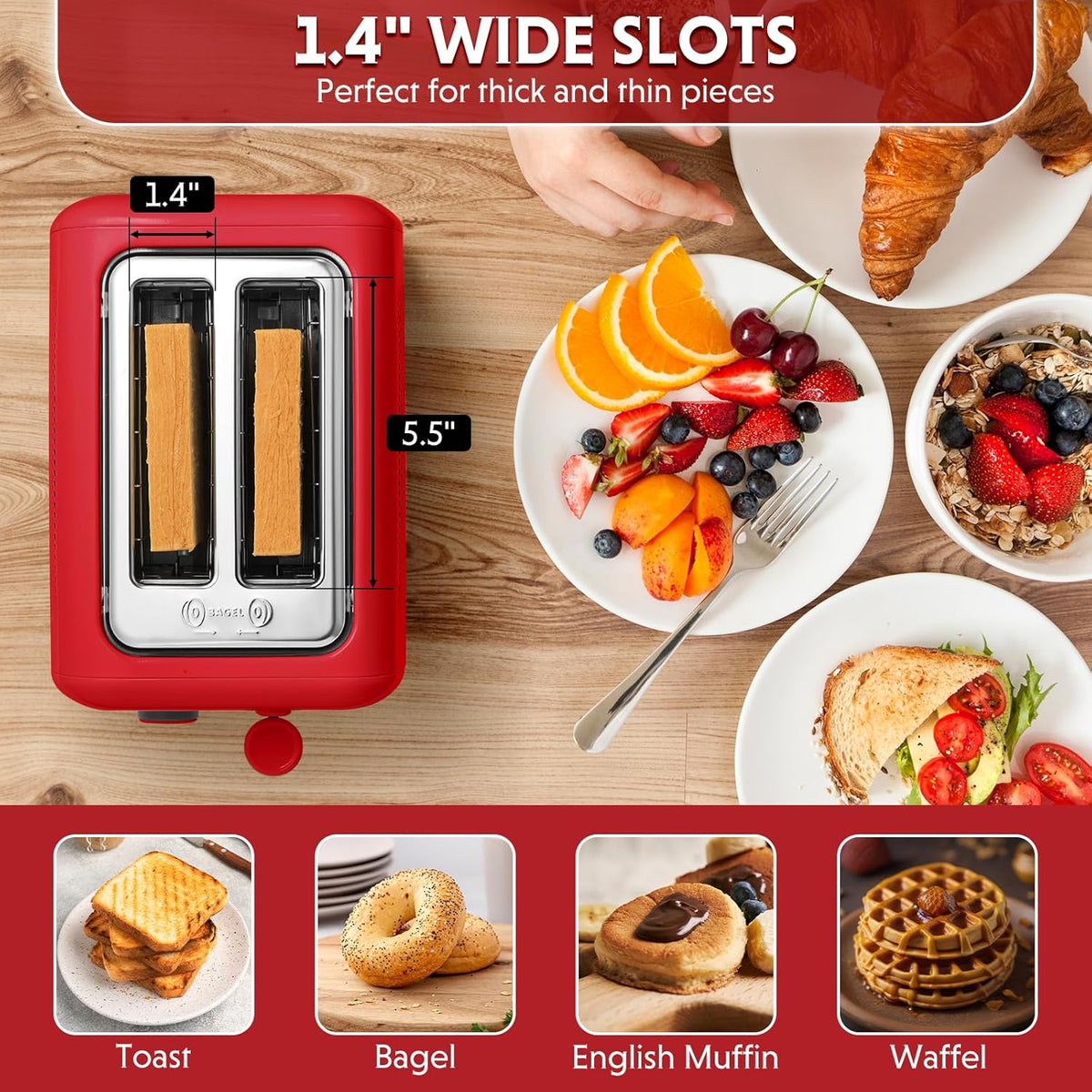 BUYDEEM DT620 2-Slice Toaster, Extra Wide Slots, Retro Stainless Steel with High Lift Lever, Bagel and Muffin Function, Removal Crumb Tray, 7-Shade Settings,Red