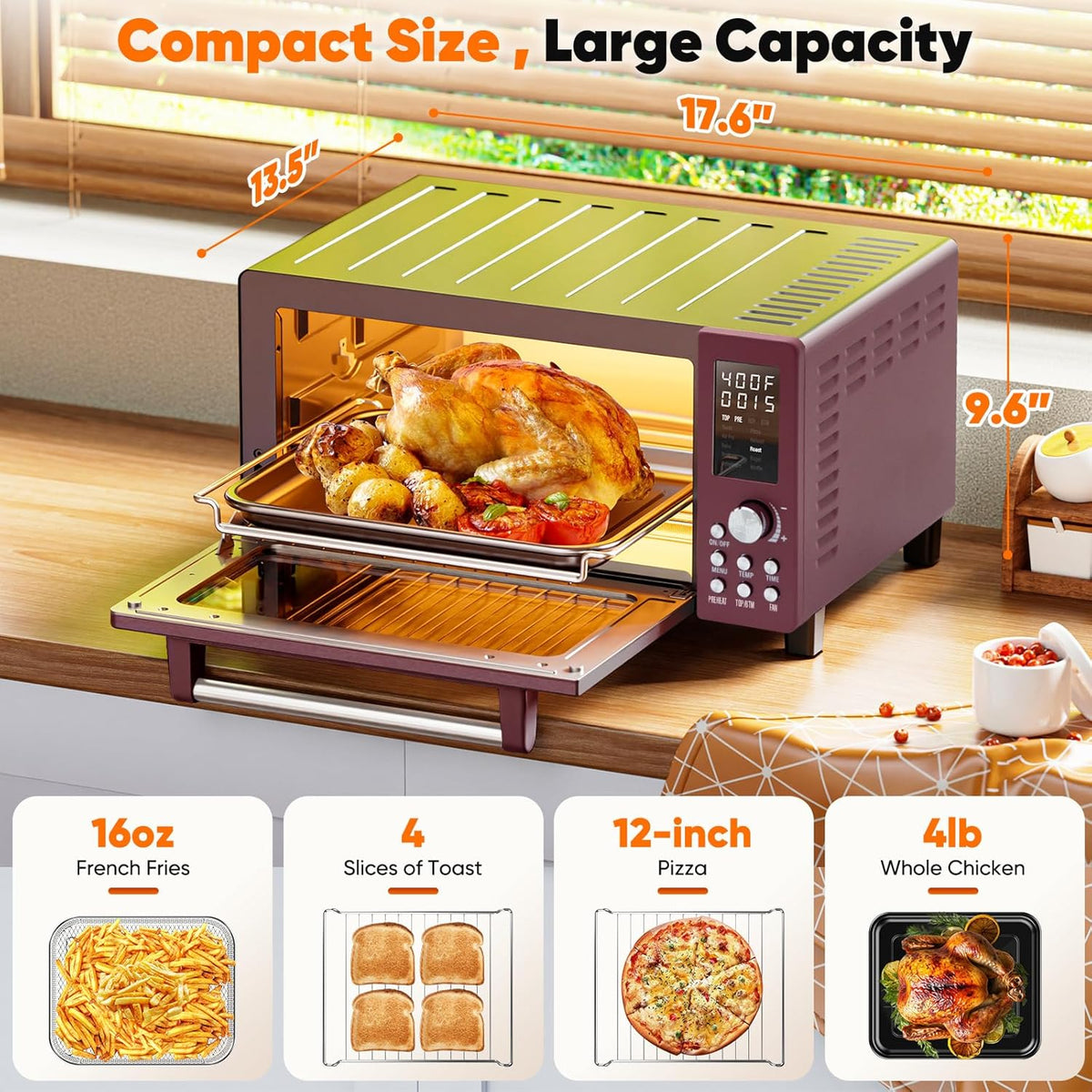 Nuwave Bravo Pro Smart Air Fryer Toaster Oven Combo, 12-in-1 Functions with Quicker & Even Crisp Technology, 1800W, 50-450°F, PFAS-Free, 21QT, Cinnamon