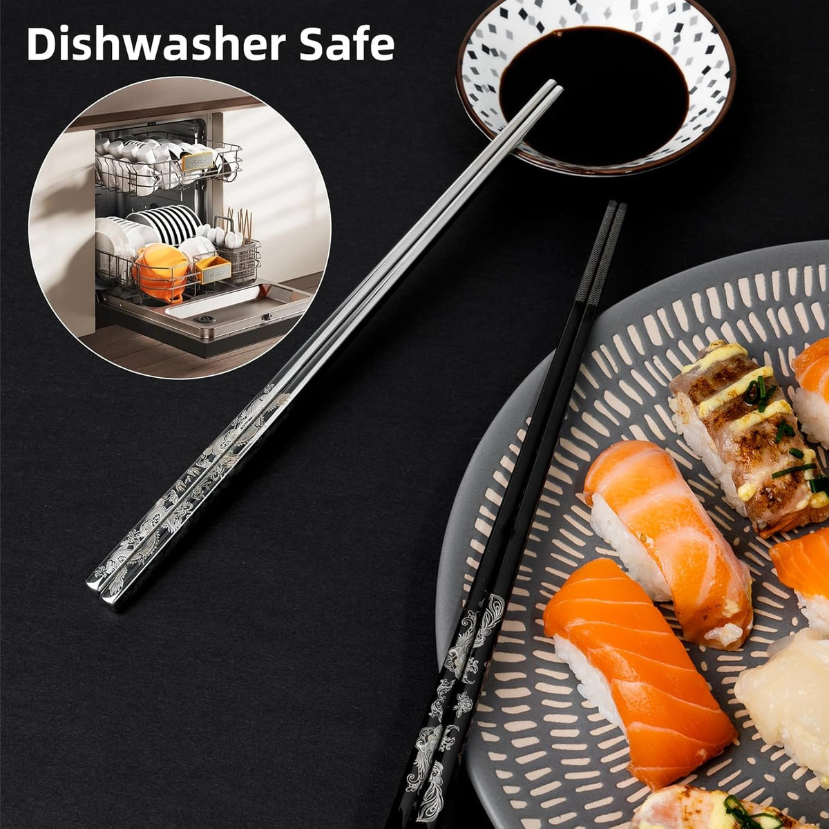 Reusable Metal Chopstick, Laser-Engraved Non-Slip Grip, Dishwasher Safe, Japanese & Korean Style, 2 Pairs Stainless Steel Chopsticks Gift Set for Cooking, Dining & Travel (9")