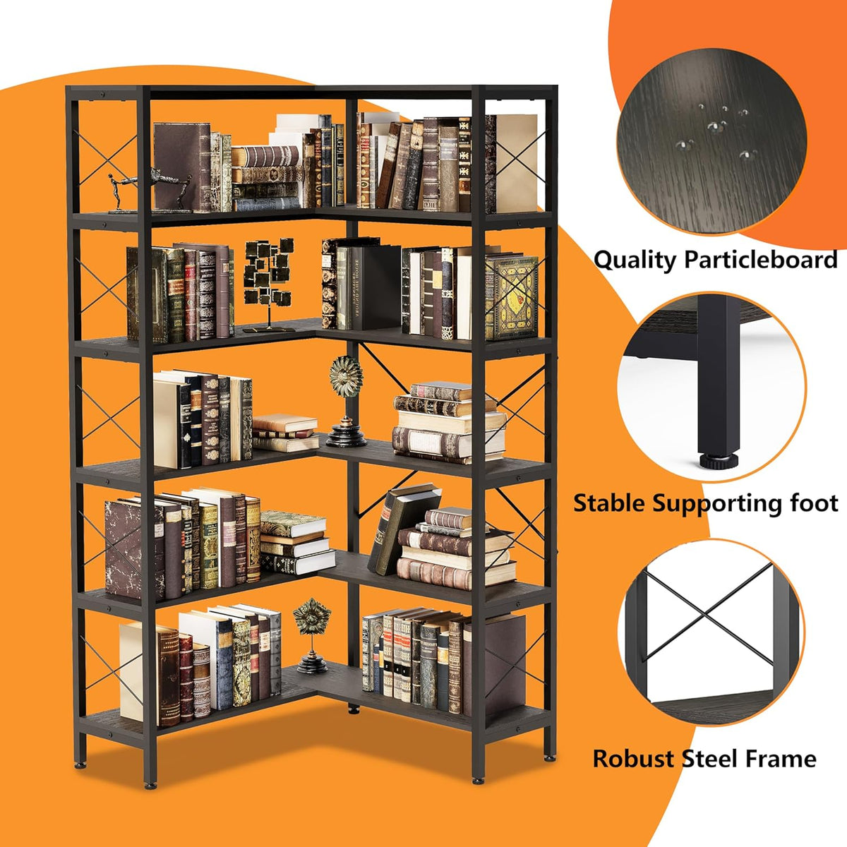 6-Shelf Corner Bookshelf, Vintage Industrial Etagere Bookcase, Large Book Shelf With Metal Frame Open Storage Cabinet (Black, Small)