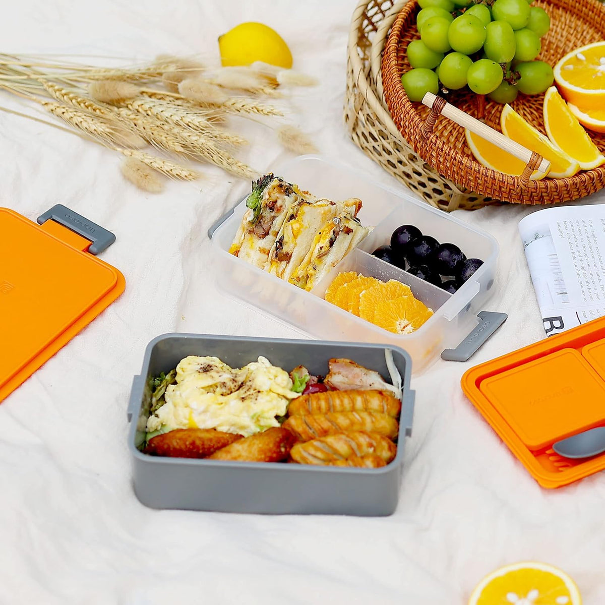 Linoroso Stackable Bento Lunch Box | Meet All Your On-the-Go Food, Salad and Snack Needs, Premium Adult Lunch Box Includes Utensil Set, Dressing Containers - Lava Orange