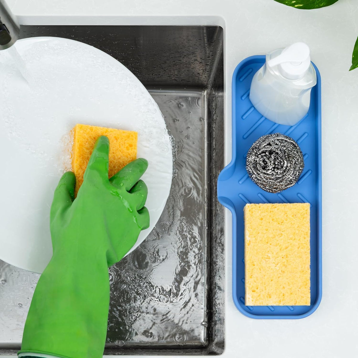 Zulay Kitchen Large Silicone Sponge Holder (12x4) – Flexible Sink Organizer Tray for Kitchen & Bathroom – Multipurpose Soap Dish for Sponges, Makeup, Trinkets & More (Provence Blue)