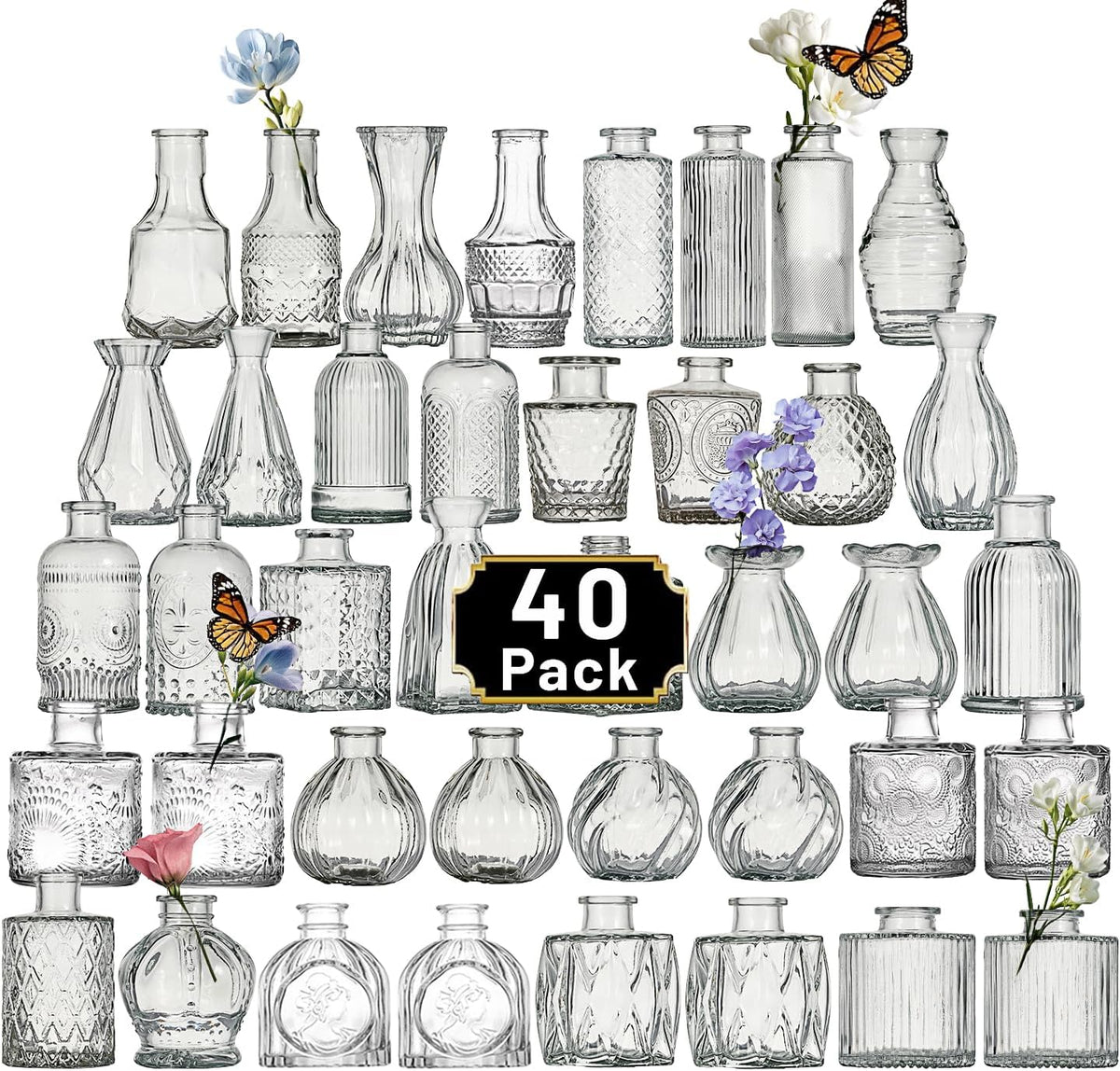 Glass Bud Vase Set of 40 Pcs Small Minimalist Vases for Flowers, Vintage Rustic Home Decor for Table Centerpiece Wedding Party, Modern Clear Aromatherapy Bottle for Living Room Bedroom