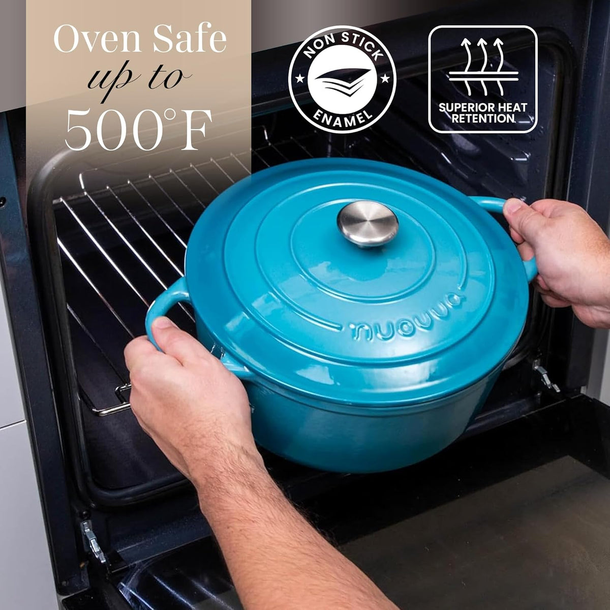 Nuovva Enamelled Cast Iron Dutch Oven Pot with Lid 6.4 Quart Non Stick Casserole Pot – Heavy Duty & Oven Safe up to 500° F for Bread Baking, Braising, Stews, Roasting – 28cm Light Blue