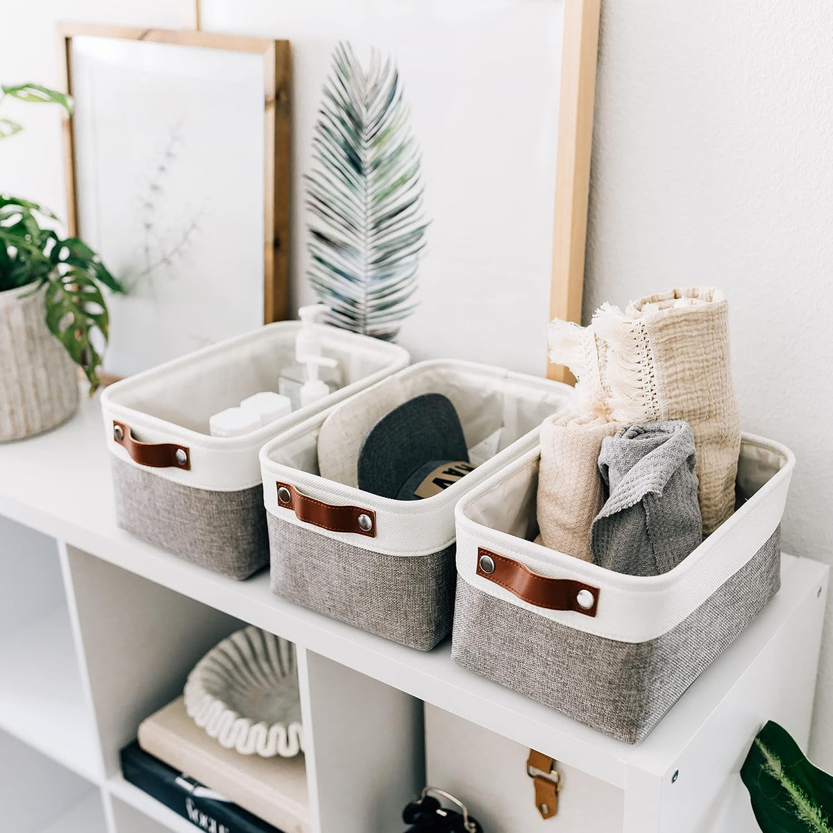 OrganiHaus Small Fabric Storage Bins for Shelves 6 Pack, 12x8in Closet Storage Bins for Shelves, Cloth Baskets for Organizing, Linen Closet Organizers, Fabric Basket, Gray/White