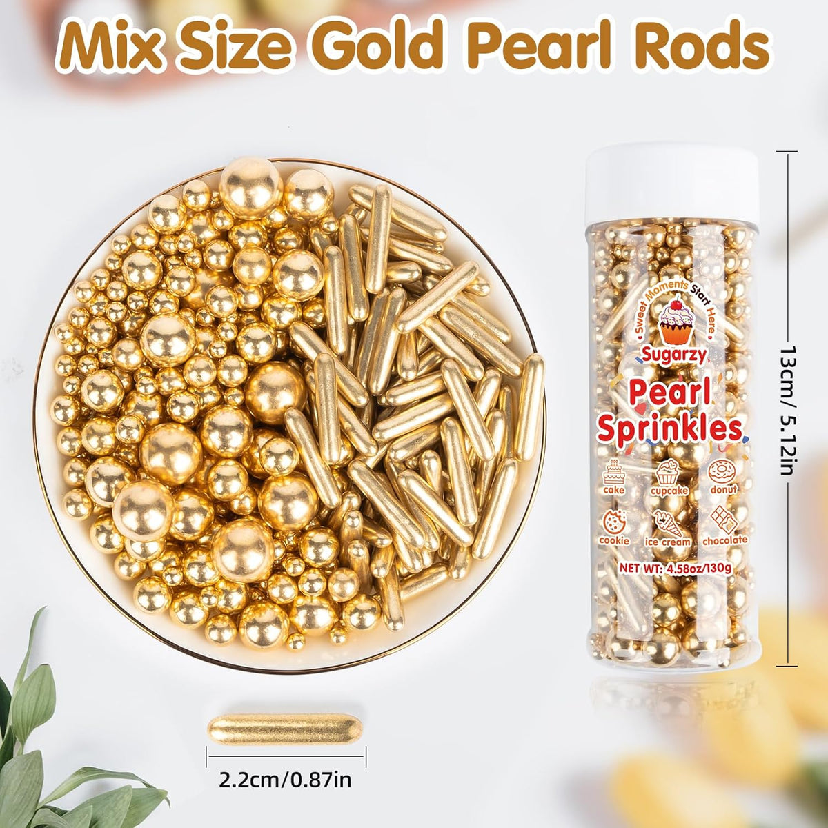 Gold Pearl Sprinkles,Edible Rods Pearl Sugar Candy Mix Size,130g/4.58oz,Baking Edible Cake Decorations,Cupcake Toppers,Cookie Decorating Donuts Ice Cream,Food Grade,Holiday Wedding Party Valentines Christmas Supplies