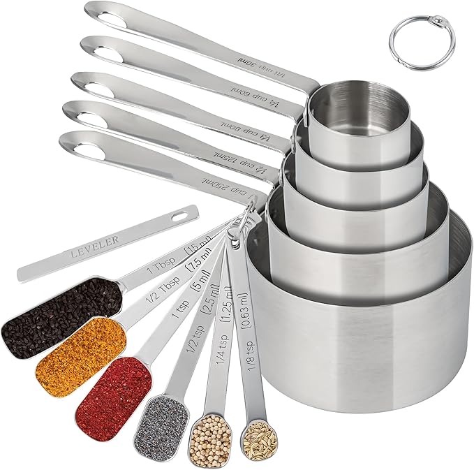 Measuring Cups and Spoons Set of 12, Stainless Steel Stackable Measuring Cups and Spoons Set With Leveler, Metal Measuring Spoons and Cups for Dry or Liquid Ingredients During Kitchen & Baking