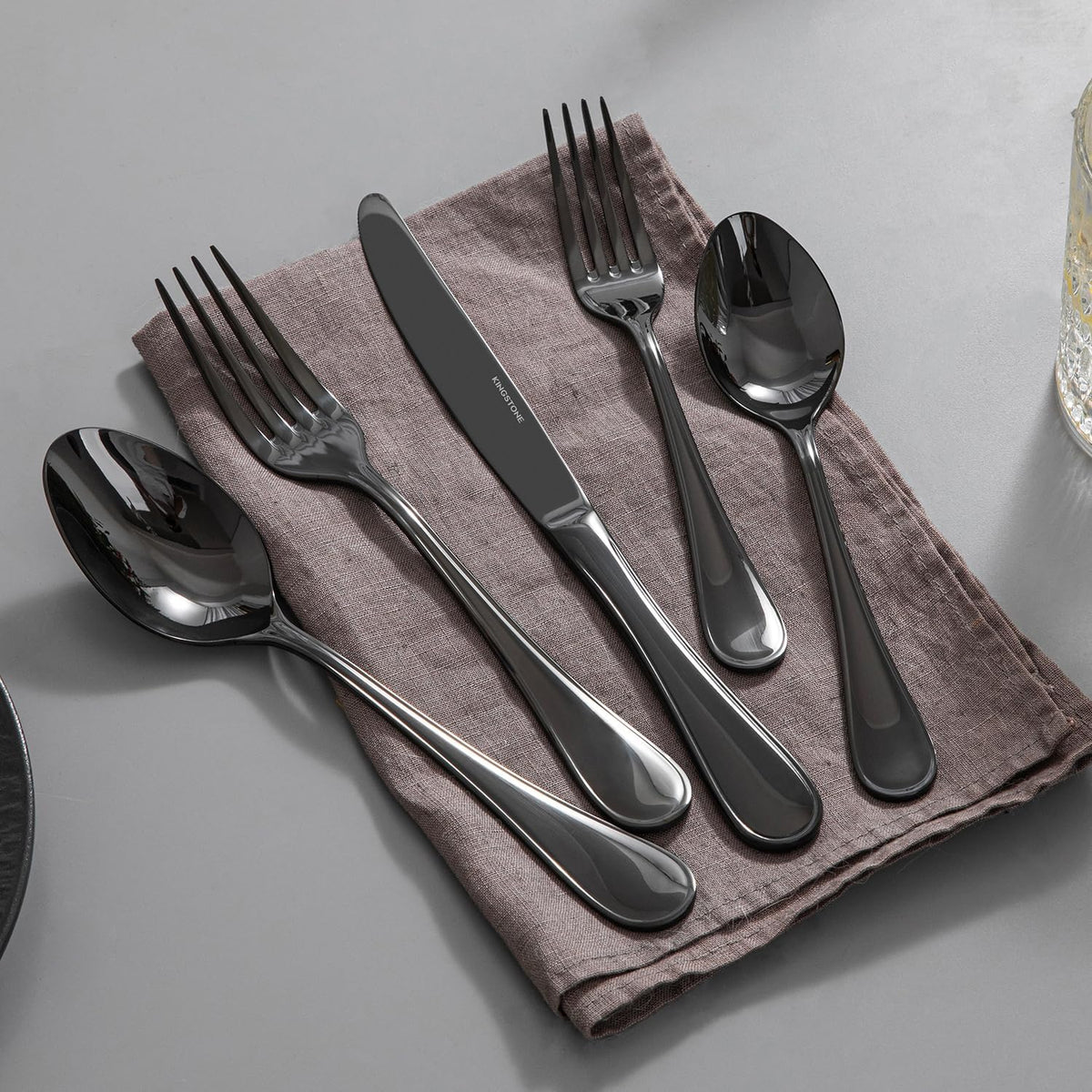 KINGSTONE 20 Piece Teardrop Silverware Set for 4, 18/10 Stainless Steel Flatware Set, Modern Design Cutlery Set for Home/Hotel/Wedding,Mirror Polished and Dishwasher Safe, Black
