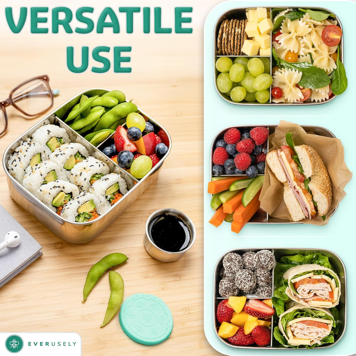 Everusely - Bento Box - Green, 27oz / 0.8 L - Stainless Steel Lunch Box with Leakproof Condiment Container - 3 Compartment Snack Organizer for On the Go Meals - Freezer & Dishwasher Safe