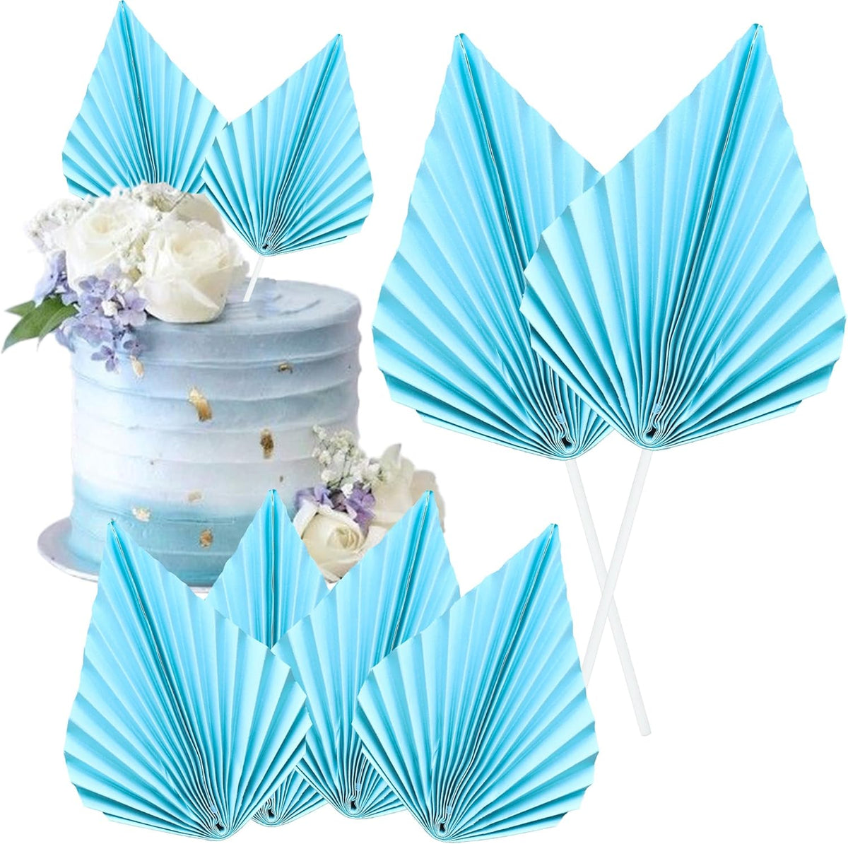 Gyufise 6pcs Paper Palm Fan Cake Toppers - Palm Leaf Fan & Spear Leaf Cupcake Toppers - Cake Insert Decoration for DIY Craft Projects, Home, Wedding, Party Supplies - Lake Blue
