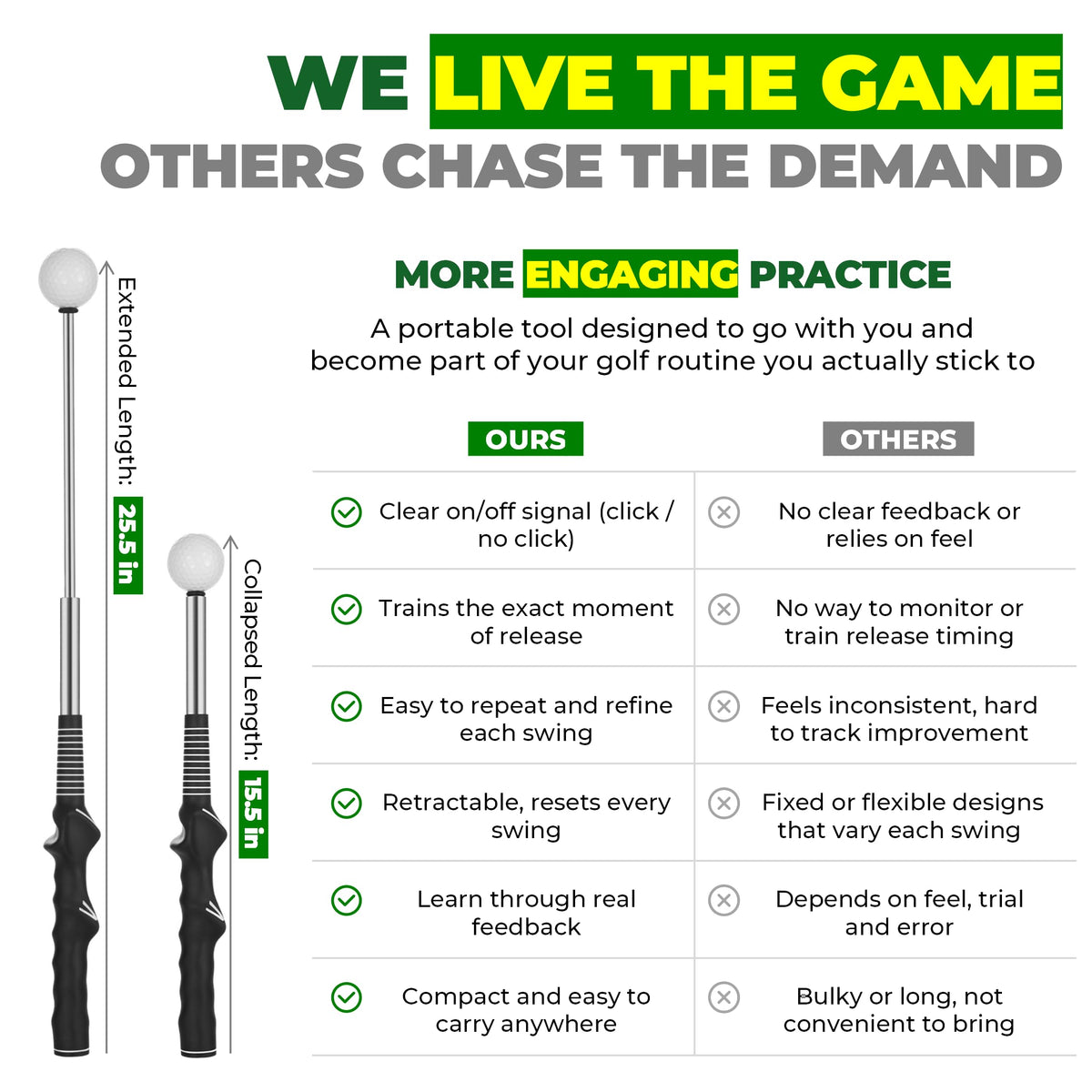 FODESAN Retractable Golf Swing Trainer, Training Aid with Grip Trainer, Swing Mechanics for Beginners & Tempo Training for Advanced, Click Feedback, Muscle Training, Indoor/Outdoor
