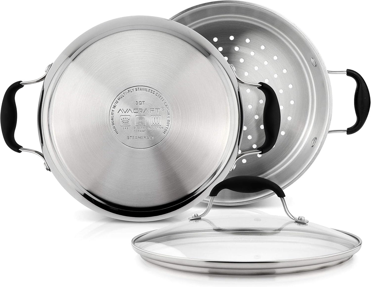 AVACRAFT 18/10, 3 Piece Stainless Steel Cooking Pot Set with Glass Lid, Momo Maker, Induction Steamer Pot