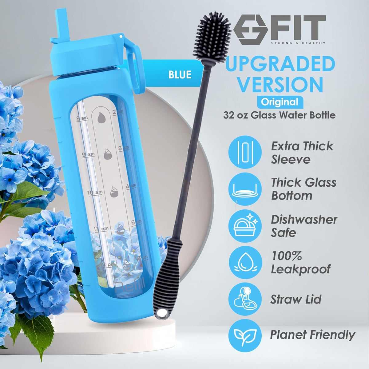 FIT Strong & Healthy 32 oz Glass Water Bottle with Straw Lid, Time Marker, Sleeve & Extra Lid - Motivational, Wide Mouth 1 Liter Glass Drinking Bottle