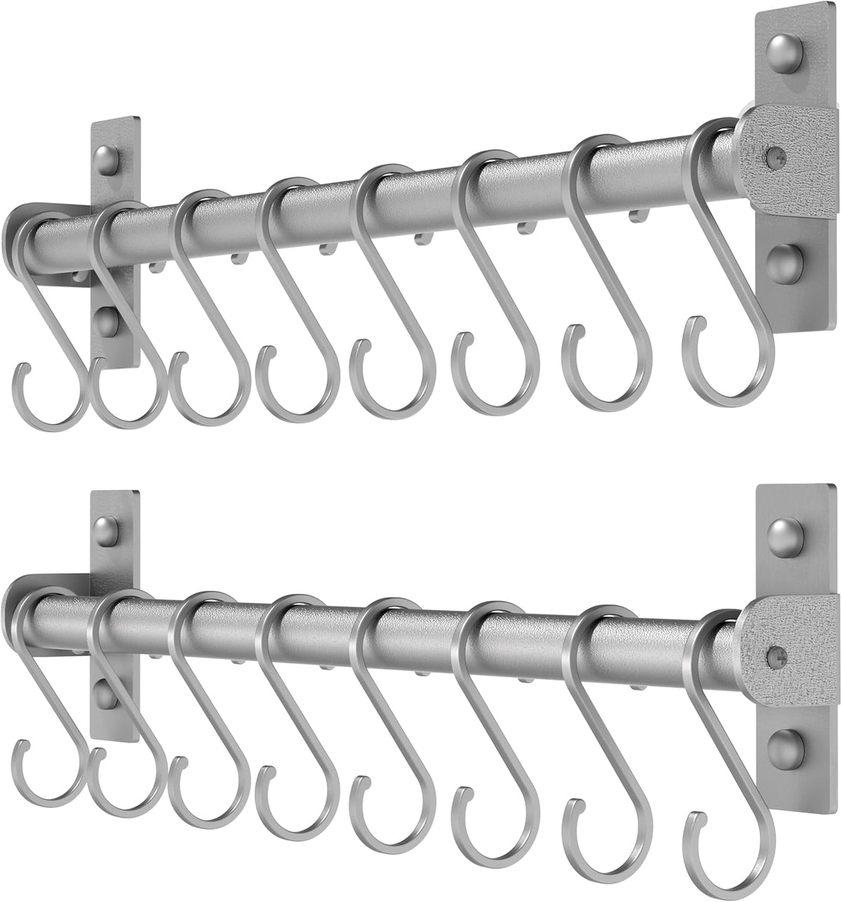 Dseap Kitchen Utensil Holder Hanger, Pot and Pan Rack Wall Mounted, Kitchen Rail with 8 Hooks for Hanging Cooking Utensils, Mugs, Spoons, Wall Mounted, Silver, Pack of 2