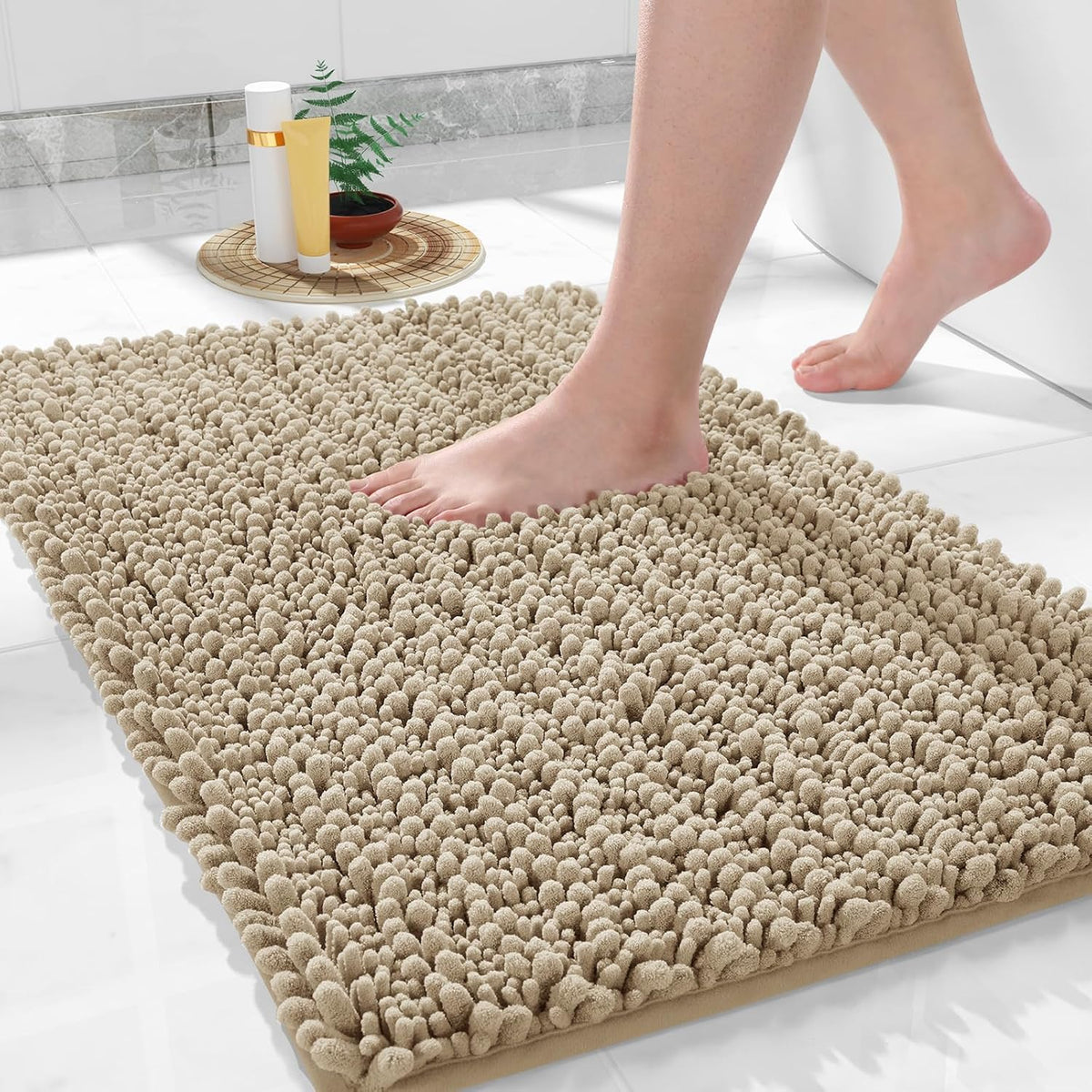 Yimobra Bathroom Rugs Non Slip Washable 24x17 Inch - Ultra Soft Absorbent Chenille Bath Mat, Quick Dry Shaggy Floor Carpet for Tub Shower, Pale Khaki Home Decor Accessories